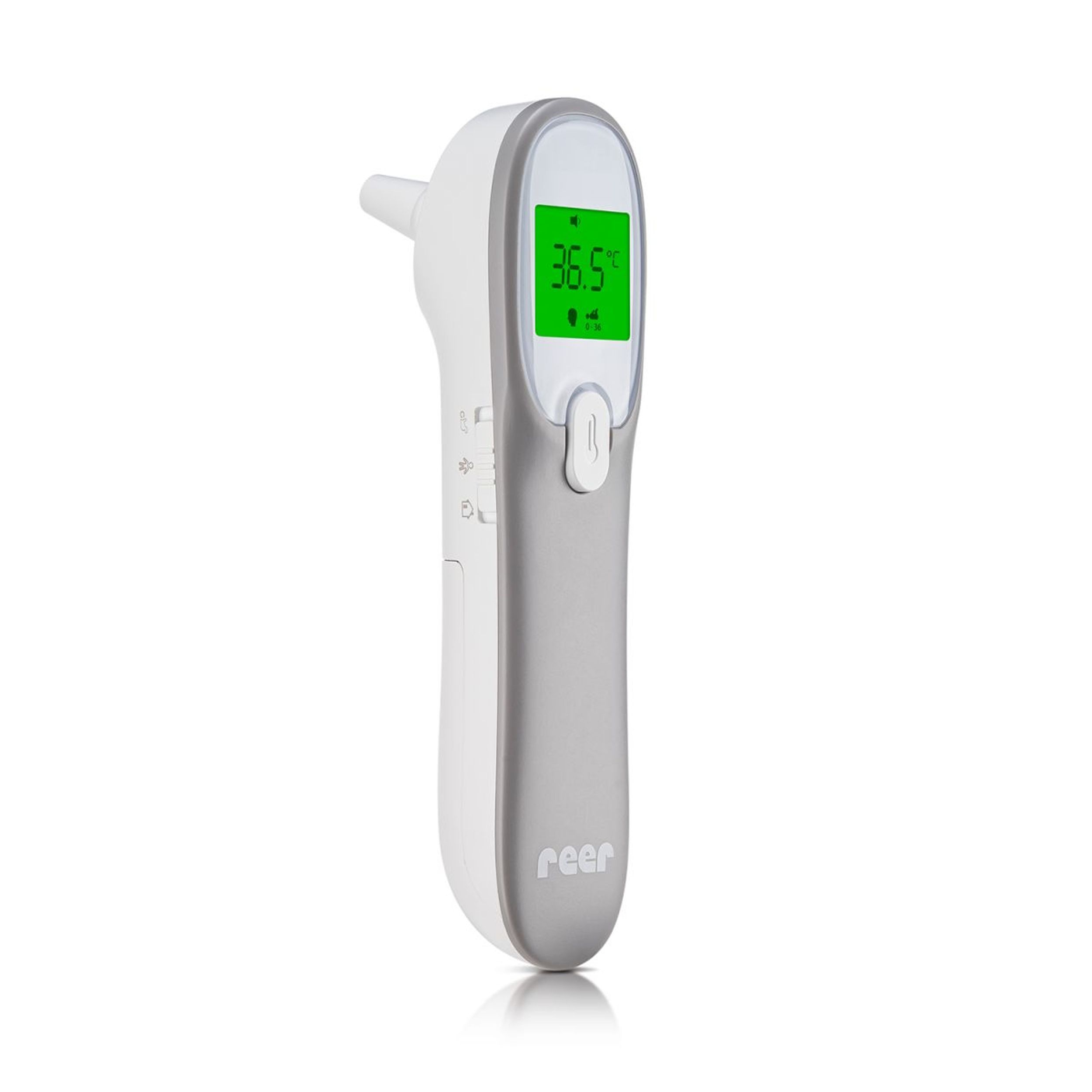 Digitales Infrarot-Thermometer mit grünem Display, Marke "reer".