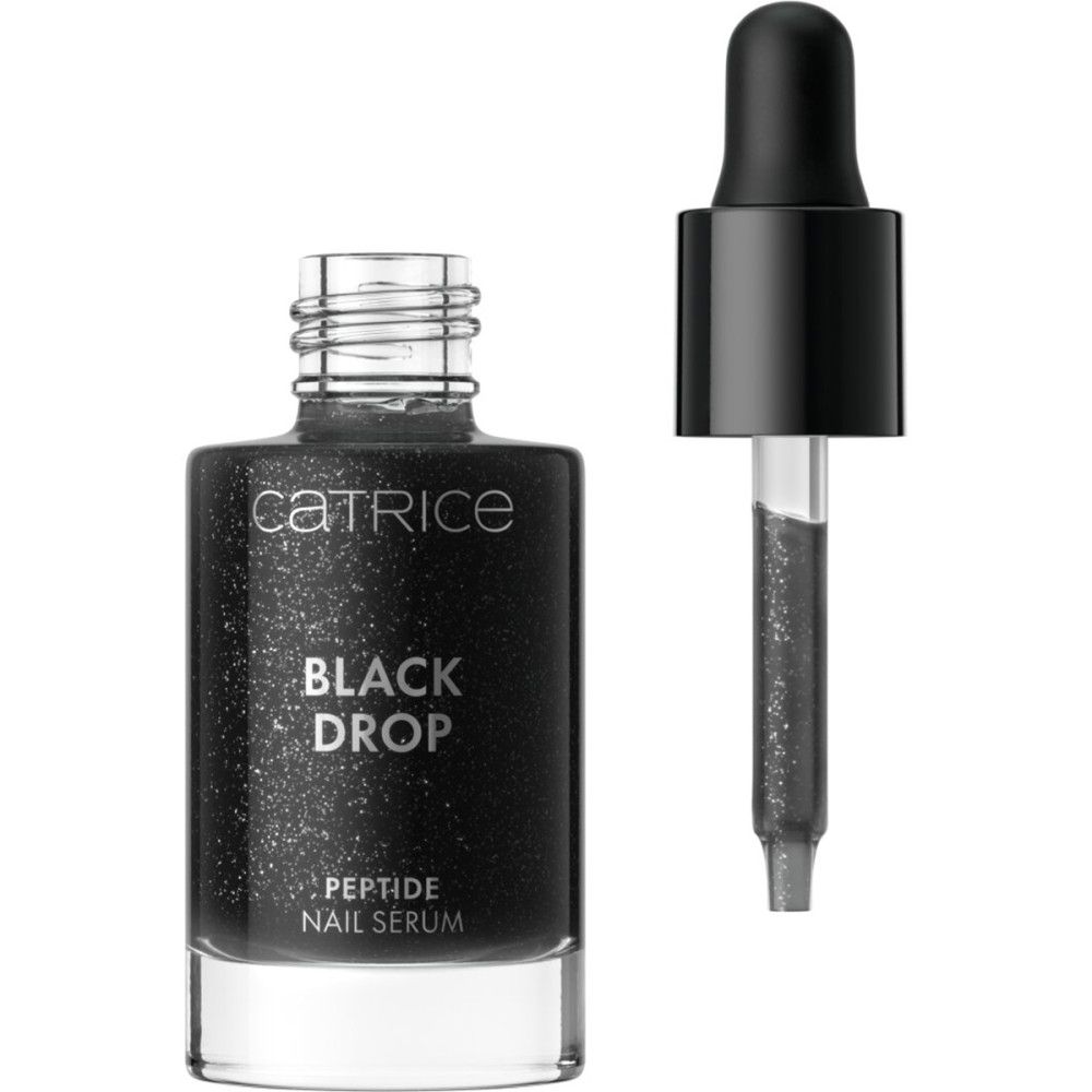 Schwarze Flasche mit schwarzem Deckel und Pipette daneben. Aufschrift: Catrice, Black Drop, Peptide Nail Serum.