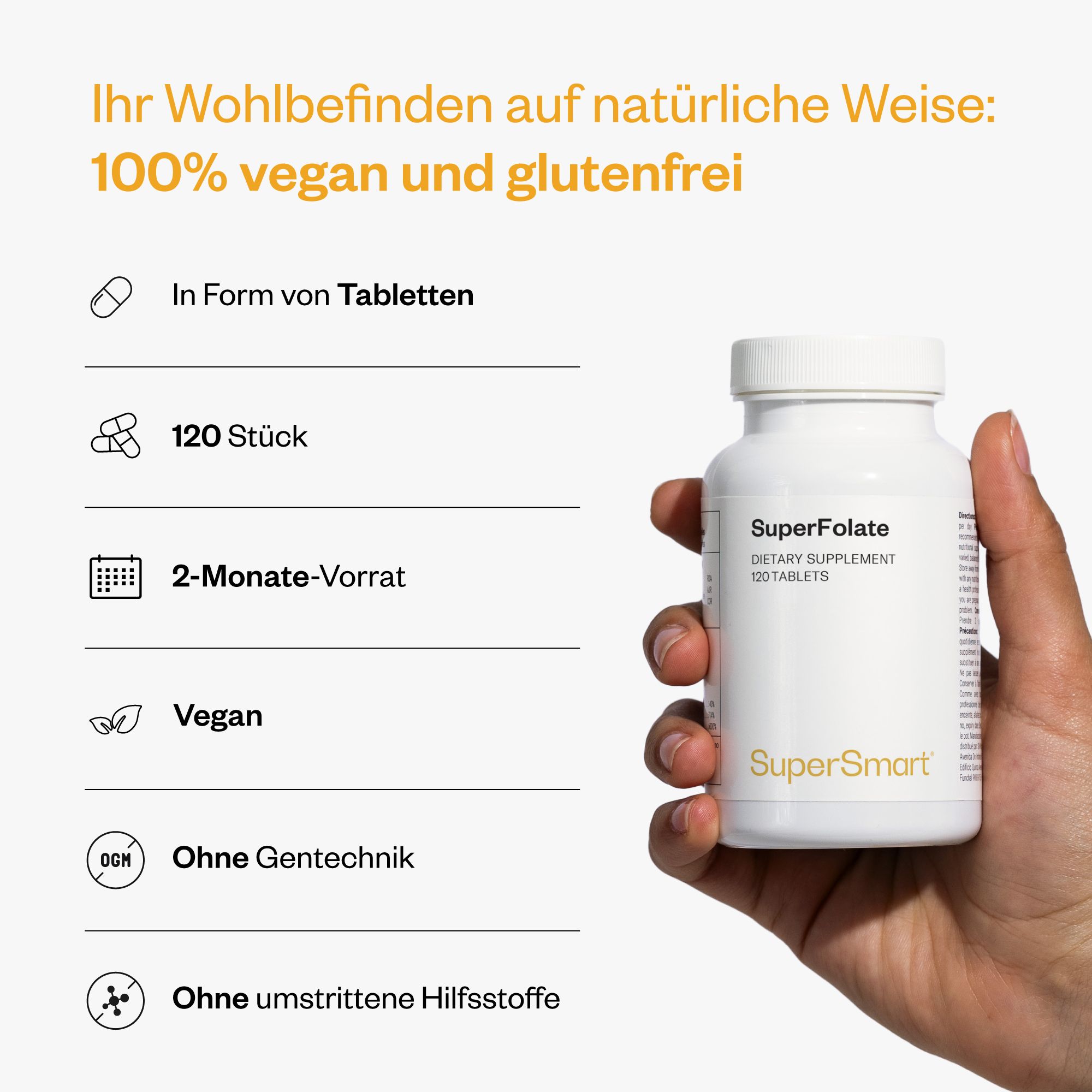 Weiße Flasche SuperFolate, 120 Tabletten. 2-Monate-Vorrat. Vegan. Ohne Gentechnik. Ohne umstrittene Hilfsstoffe. SuperSmart.