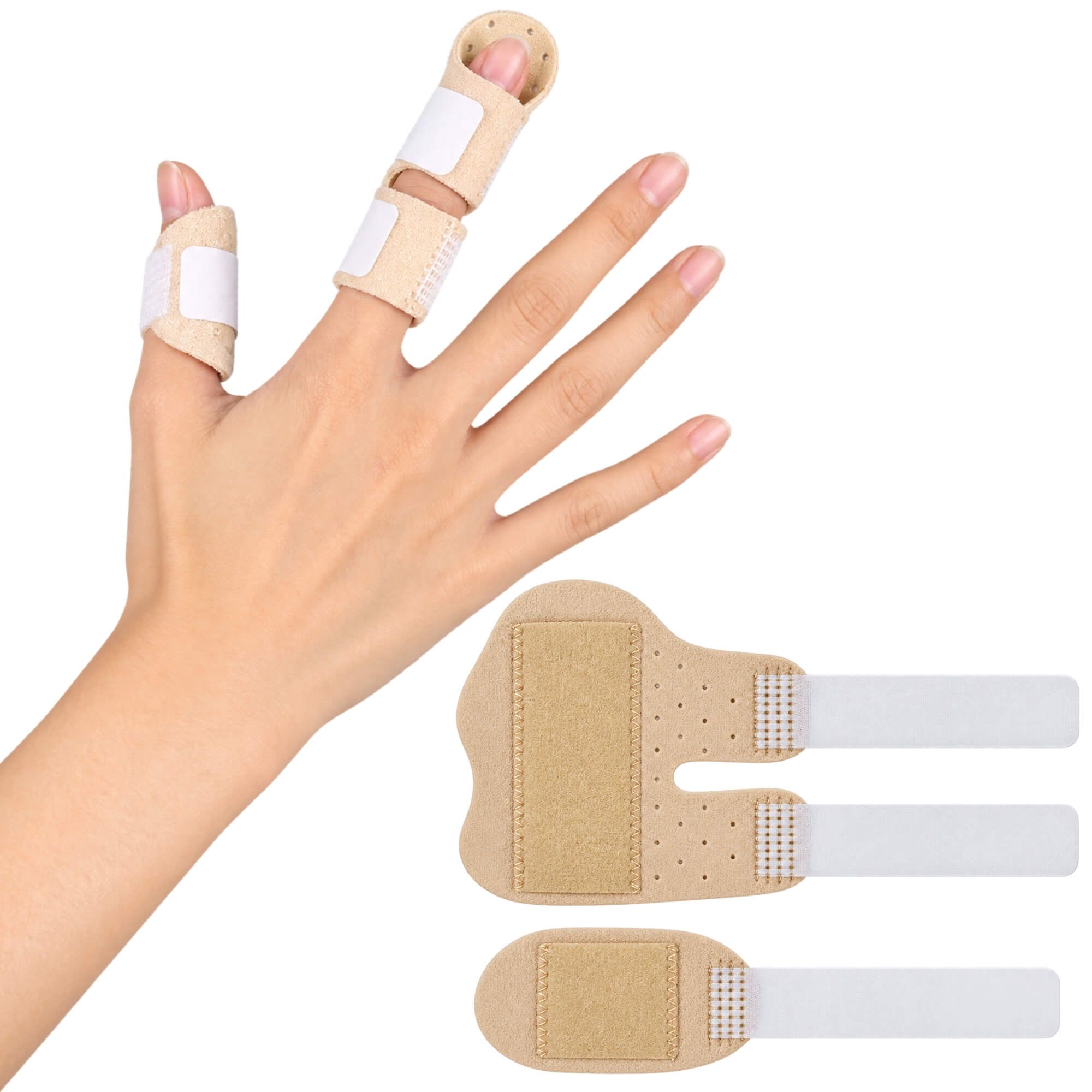 Finger-Schienen mit Klettverschluss, die den Finger stabilisieren.