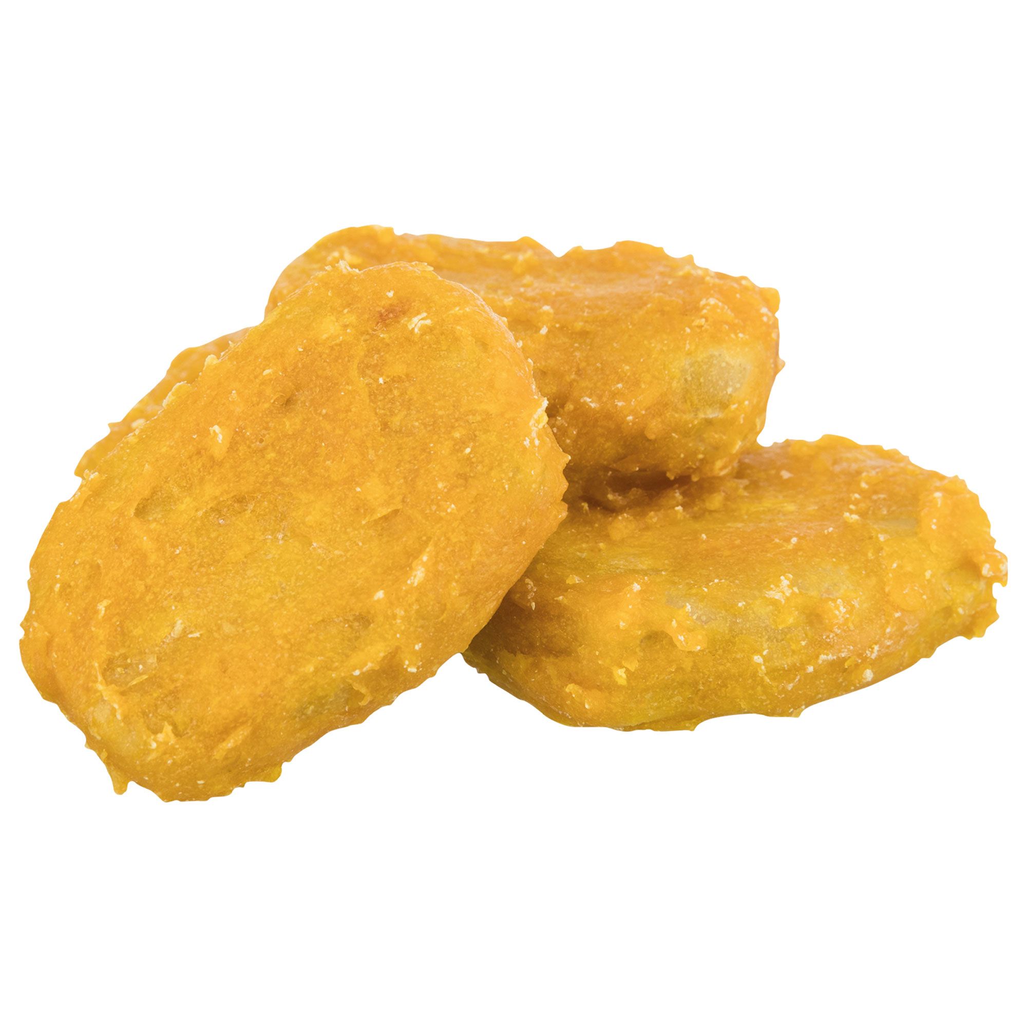 Drei goldbraune Chicken Nuggets. Eckige Form mit unregelmäßiger Oberfläche. Auf weißem Hintergrund.