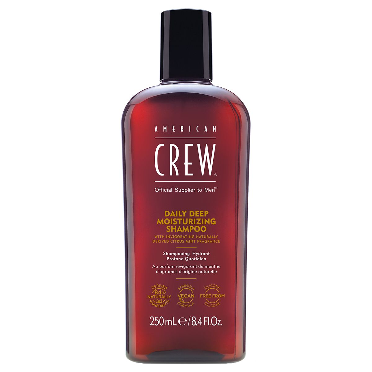 American Crew Daily Deep Moisturizing Shampoo, 250ml, mit Siegeln für vegan und frei von Parabenen.