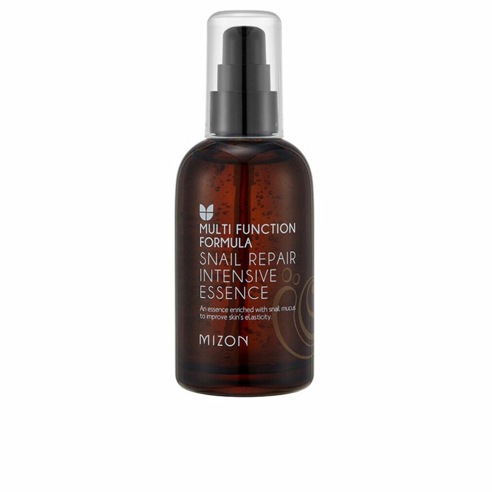 Braune Glasflasche mit schwarzem Pumpverschluss. Beschriftung: Snail Repair Intensive Essence, MIZON.