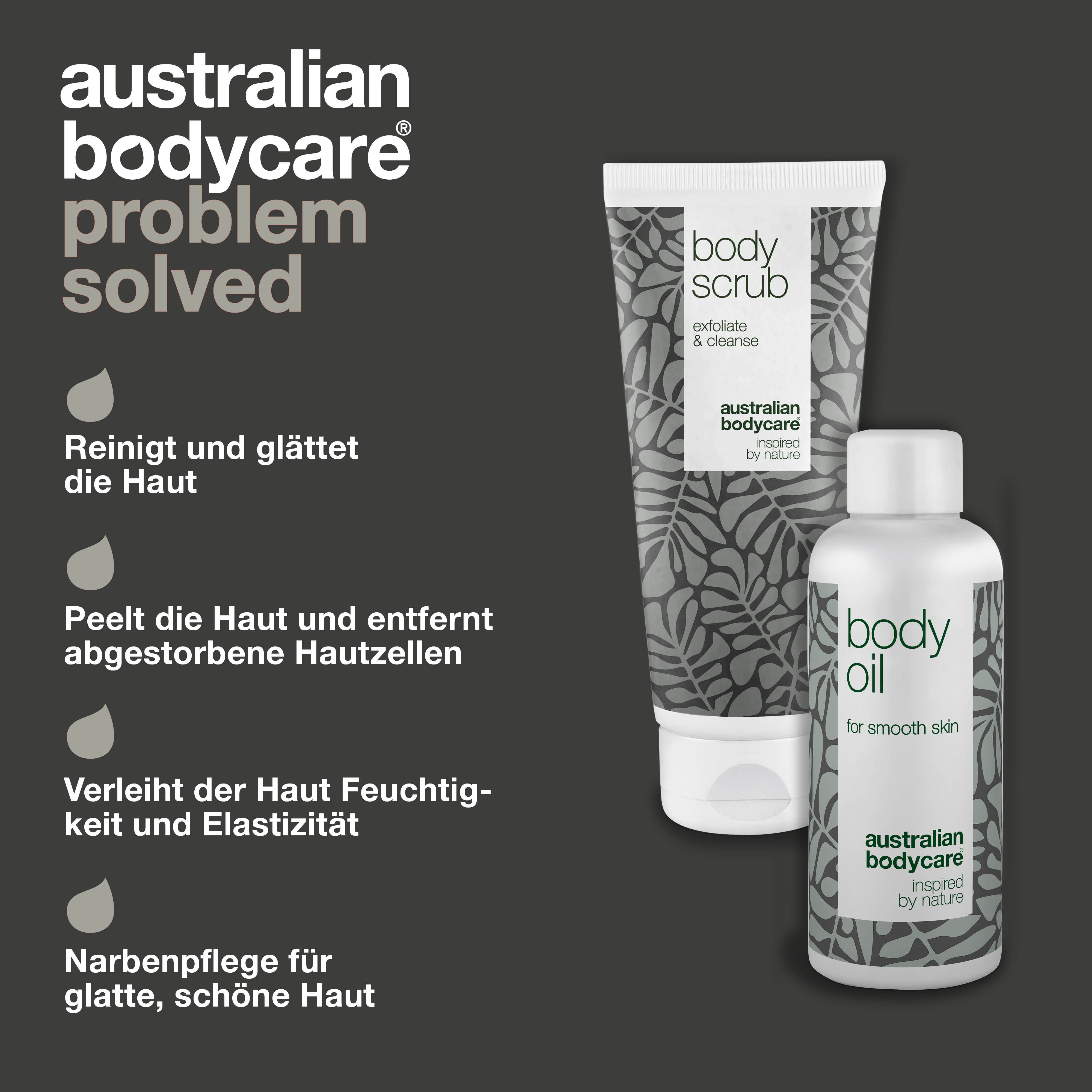 Körperöl und Körperpeeling. Text: Reinigt, glättet, spendet Feuchtigkeit. Marke: Australian Bodycare.