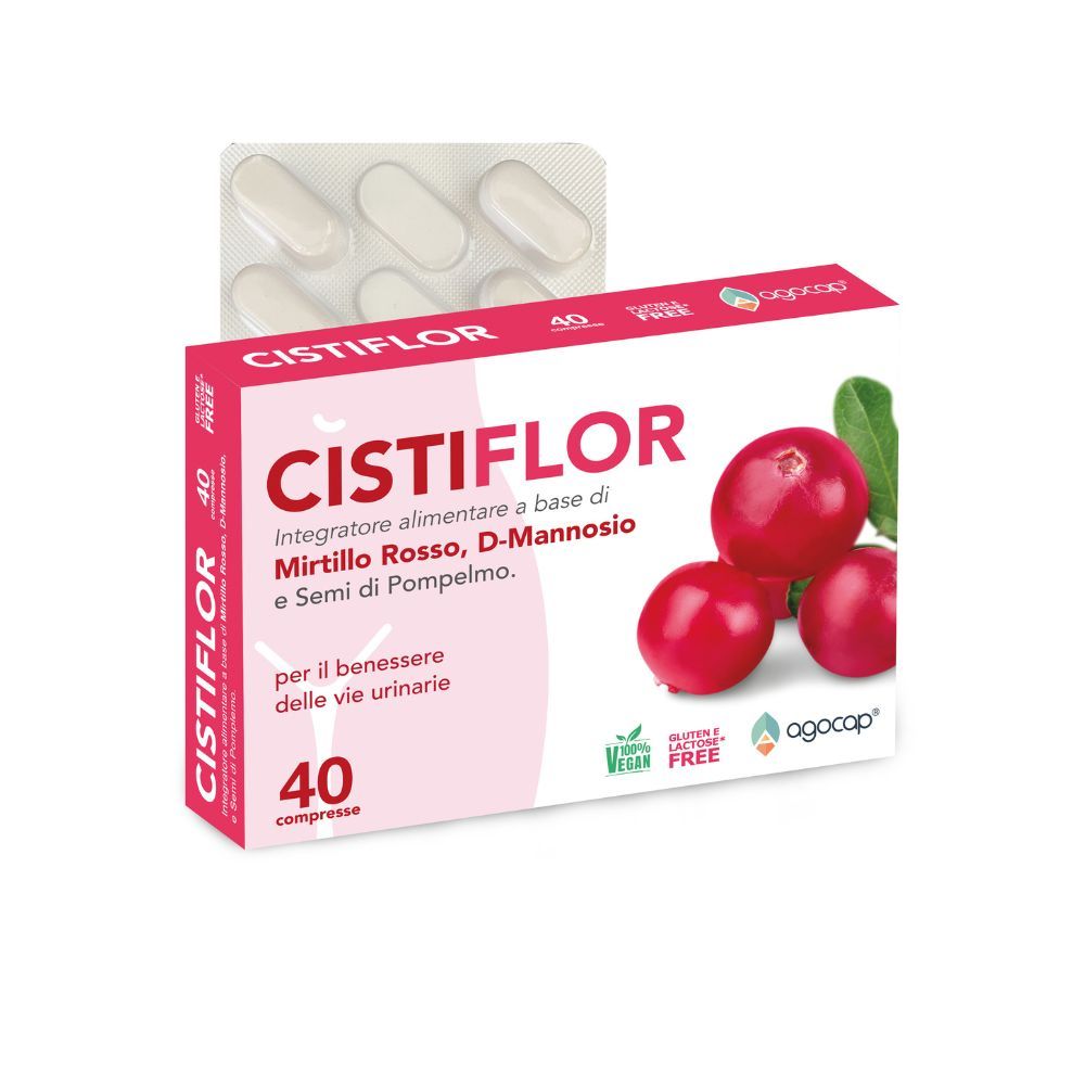 Scatola Cistiflor con illustrazione di mirtilli rossi e blister di compresse. 40 compresse. Vegano e senza glutine.