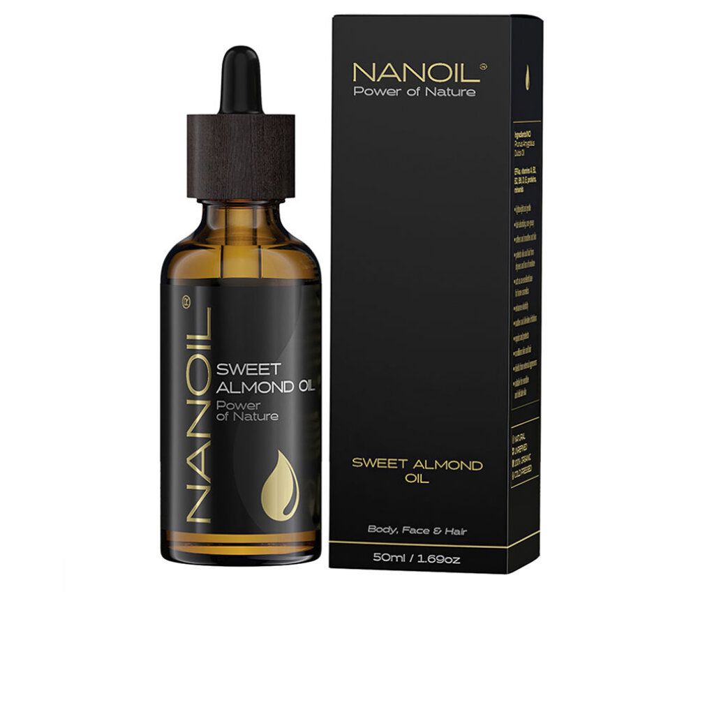 Braune Glasflasche mit Pipette und schwarzer Verpackung. Aufschrift: Nanoil Sweet Almond Oil. Goldener Tropfen.