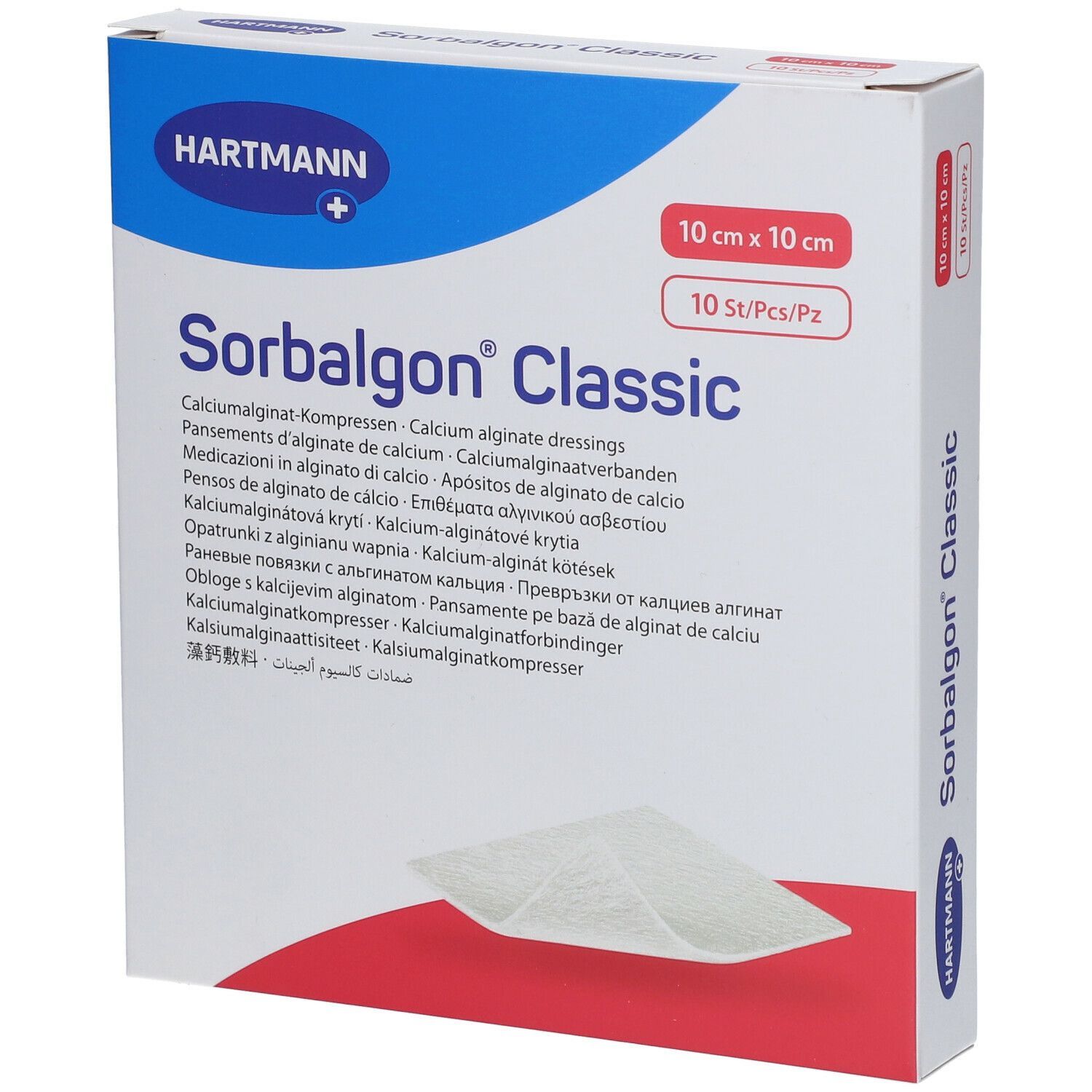Hartmann Sorbalgon® Classic. Verpackung mit quadratischen Wundauflagen. Größe 10x10 cm. 10 Stück pro Packung. Blaue und weiße Verpackung.