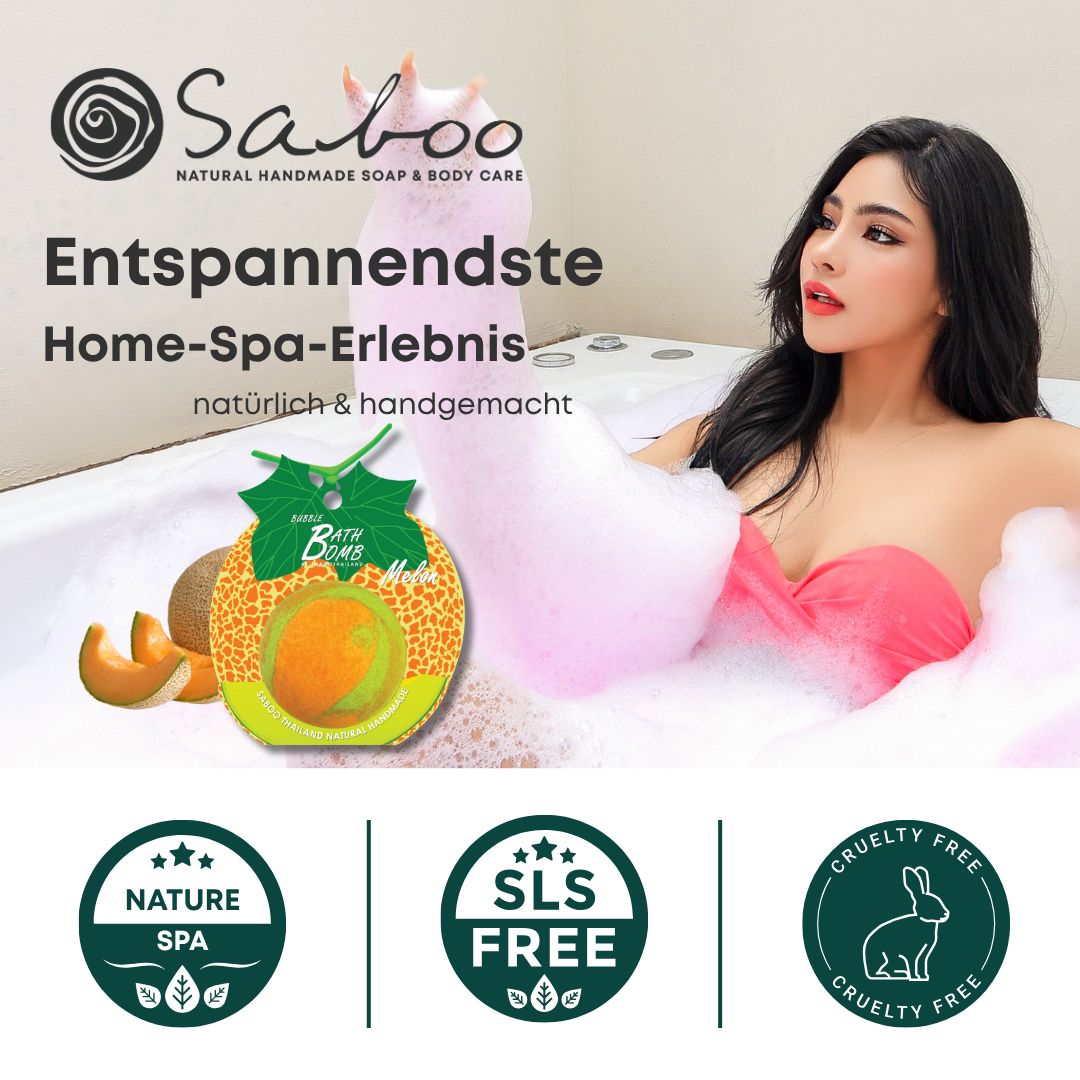 Frau in Badewanne mit Schaum. Produktverpackung mit Melonen-Design. Logos: Nature Spa, SLS Free, Cruelty Free.