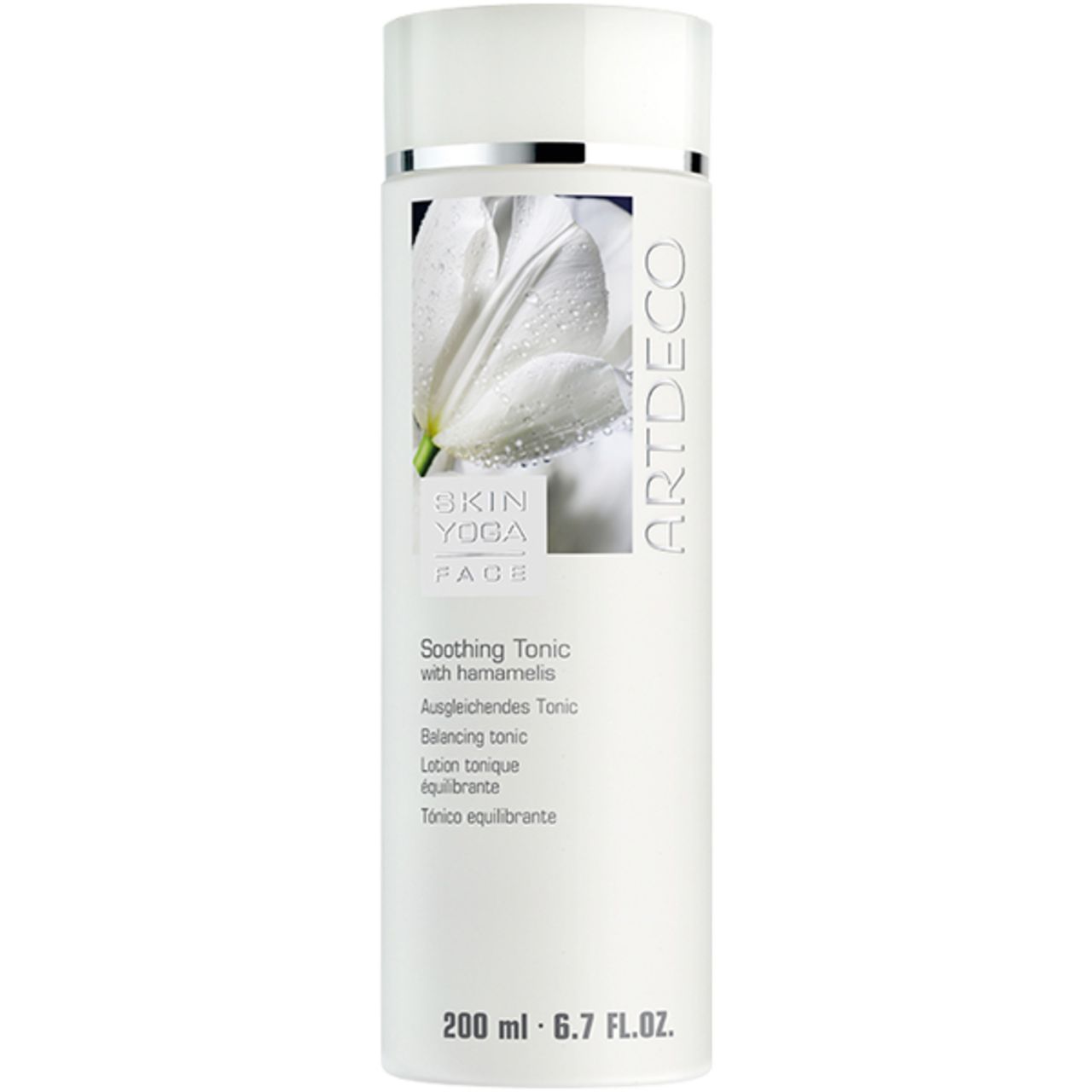 Weiße Flasche mit Produktetikett. Aufschrift: ARTDECO, SKIN YOGA FACE, Soothing Tonic with hamamelis. Volumen: 200 ml.