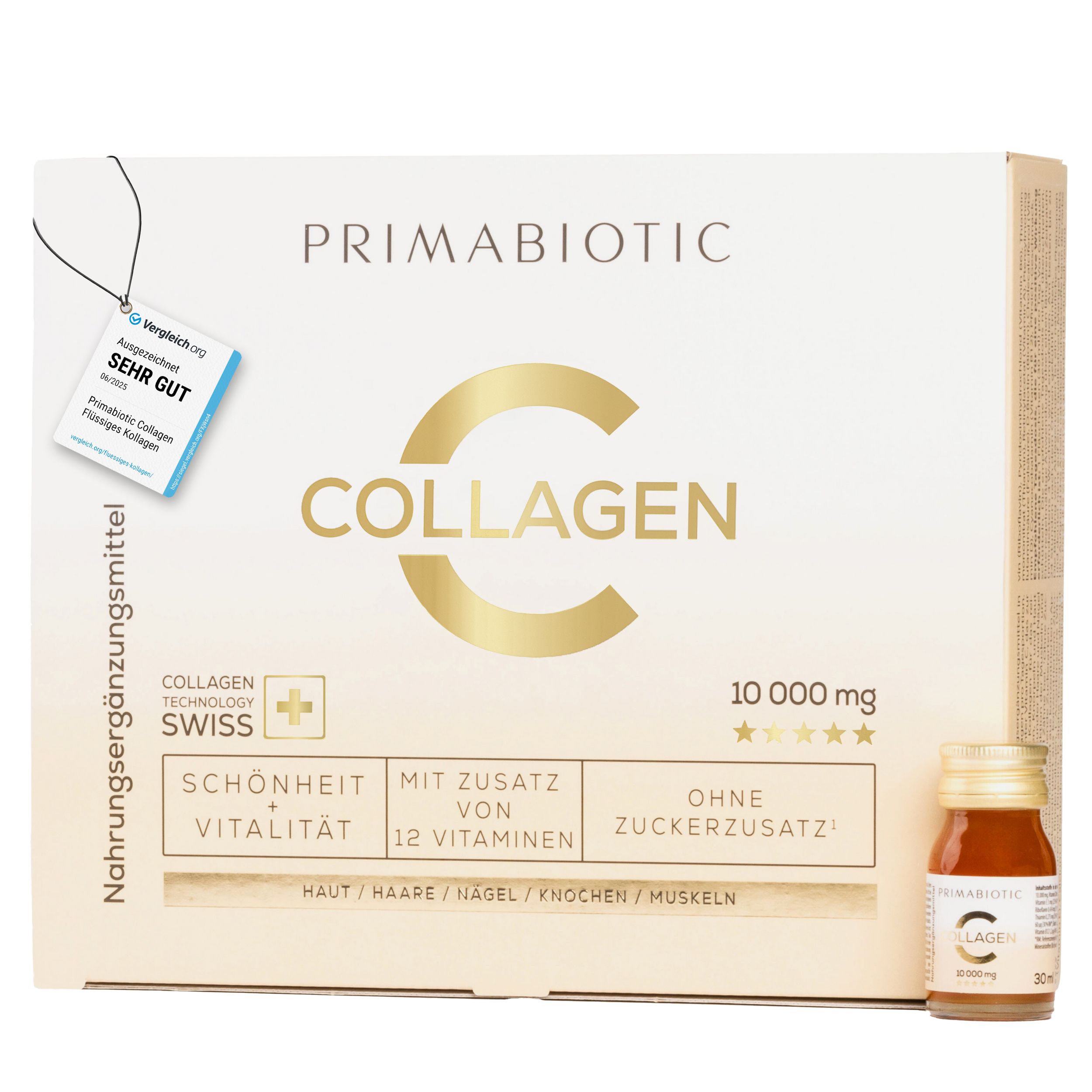 Kollagen-Paket mit 30 Flaschen. Aufschrift: PRIMABIOTIC, COLLAGEN, 10.000 mg. Enthält 12 Vitamine, ohne Zuckerzusatz. Swiss.