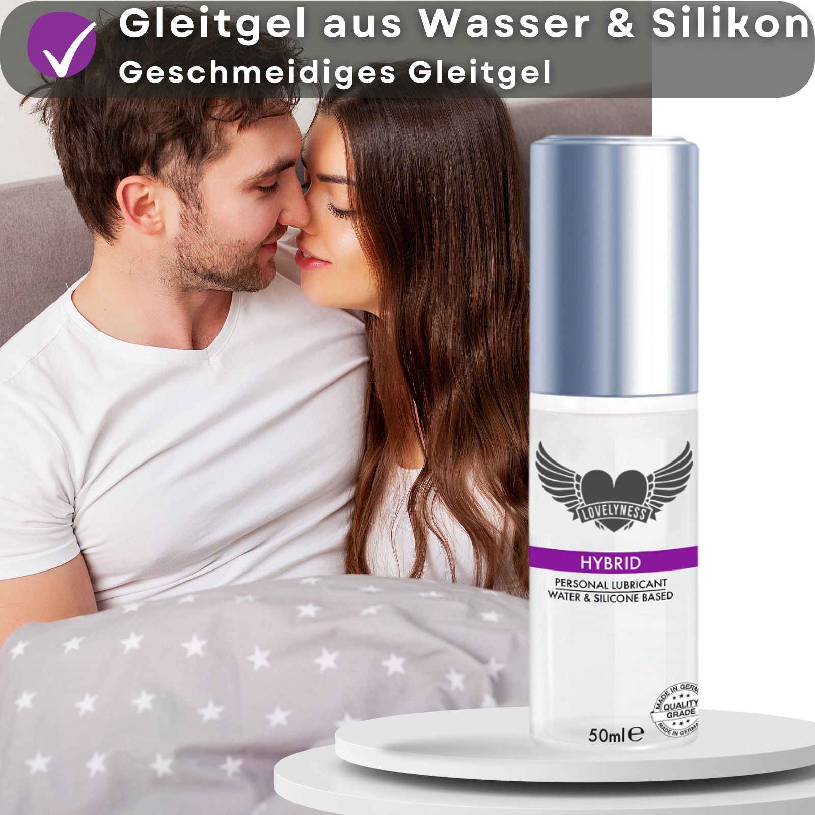 Flasche mit Hybrid Gleitgel. Text: Wasser/Silikonbasis, für empfindliche Haut. Frau mit Blume.