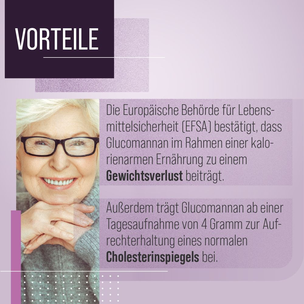 Porträt einer lächelnden Frau mit Brille. Text über die Vorteile von Glucomannan für Gewichtsverlust und Cholesterinspiegel.