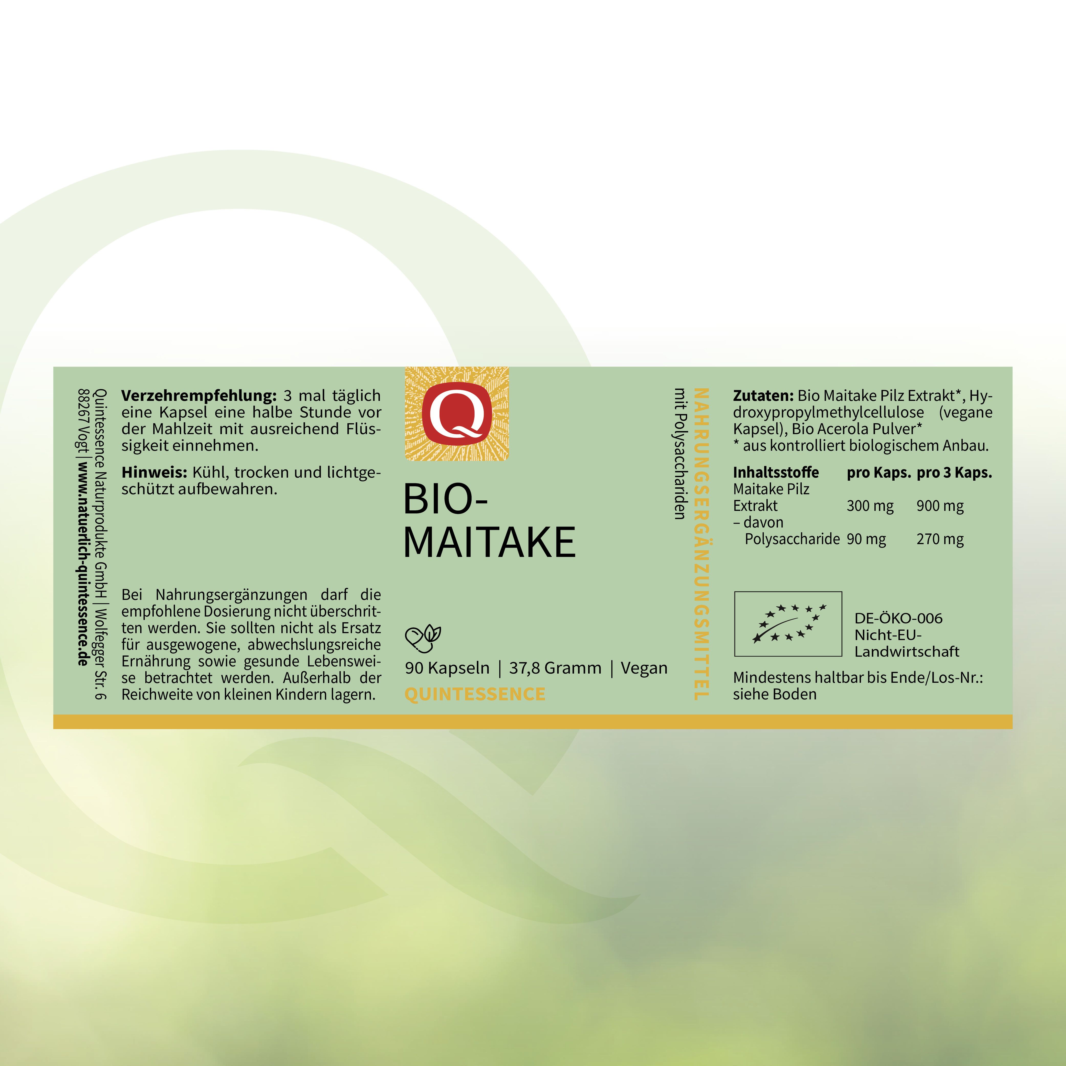 Etikett mit Produktinformationen. "BIO-MAITAKE" und "Quintessence". 90 Kapseln. Zutatenliste und Verzehrempfehlung.