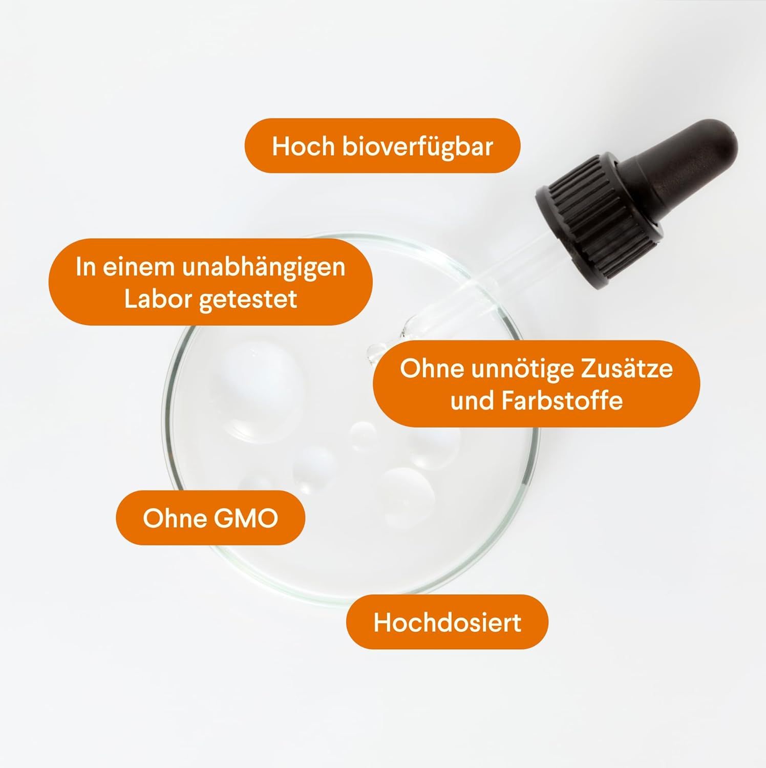 Glasplatte mit Flüssigkeitstropfen. Text: Hoch bioverfügbar, in einem unabhängigen Labor getestet, ohne unnötige Zusätze und Farbstoffe.