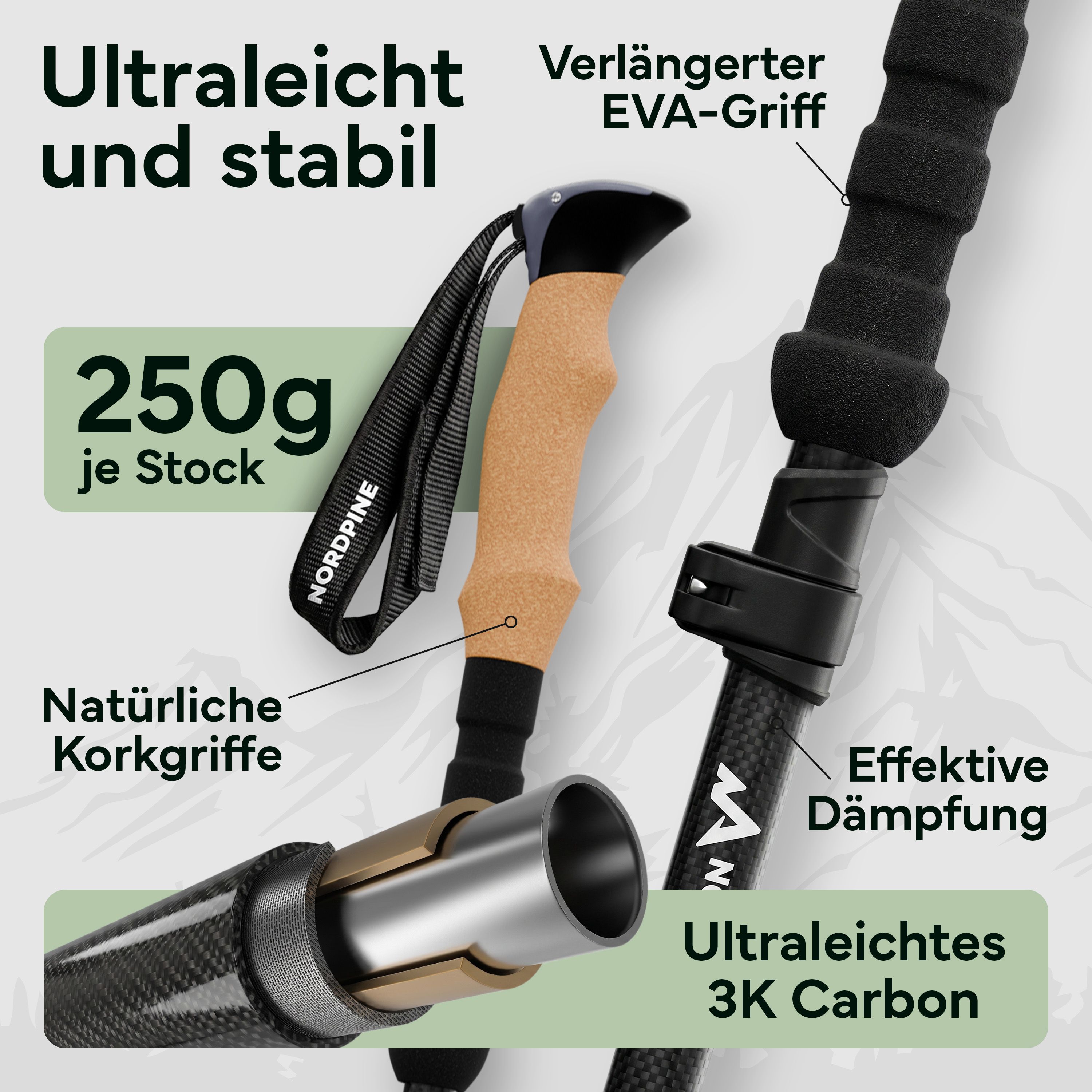 Faltbare Carbon-Wanderstöcke mit natürlichen Korkgriffen, verlängertem EVA-Griff und effektiver Dämpfung. Ultraleicht.