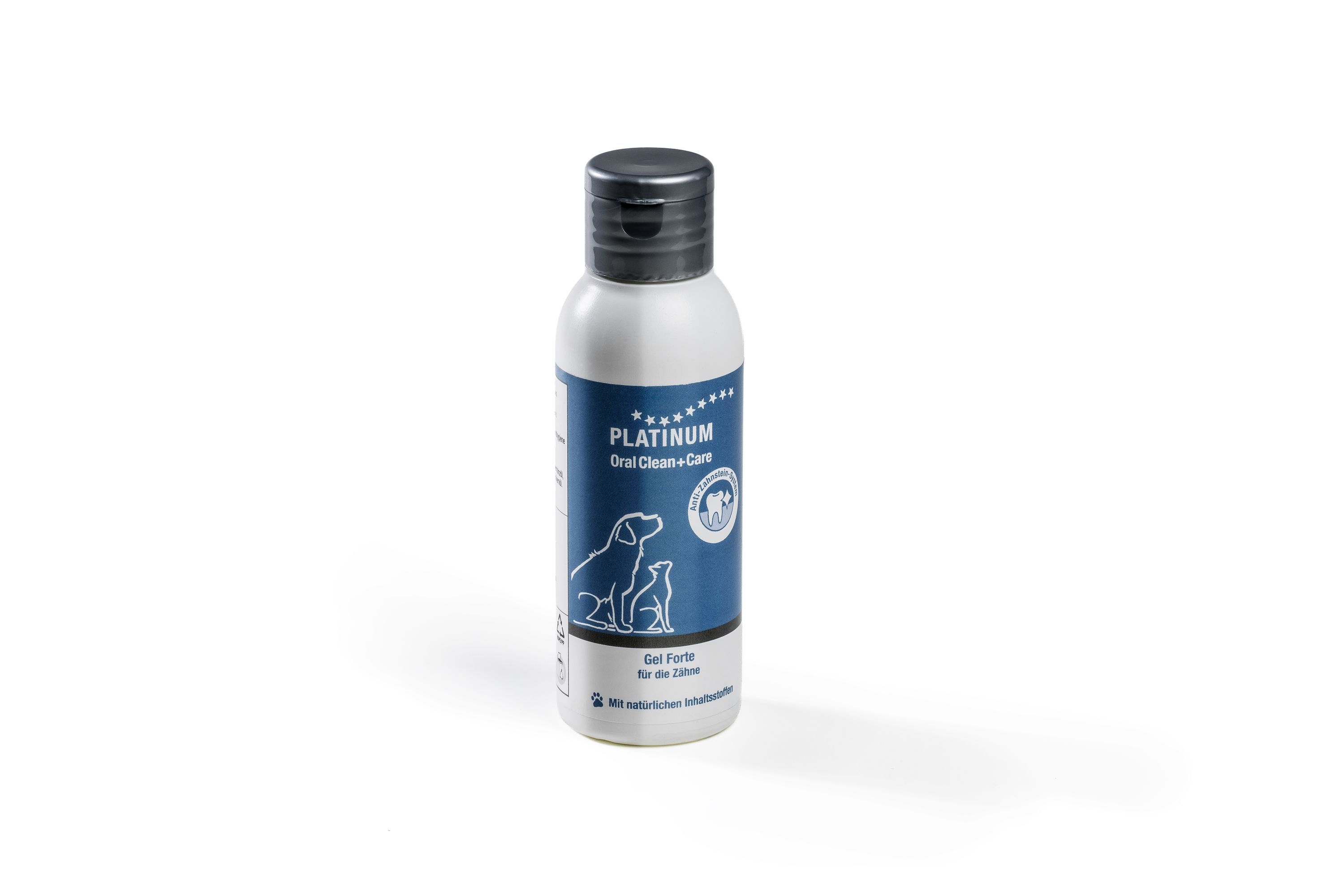 Flasche mit weißem Etikett und blauer Schrift. Zeigt Hunde- und Welpensilhouetten.