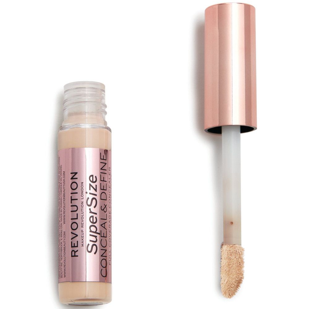 Concealer-Tube und Applikator. Aufschrift: Super Size Conceal & Define. Roségoldfarbener Deckel.