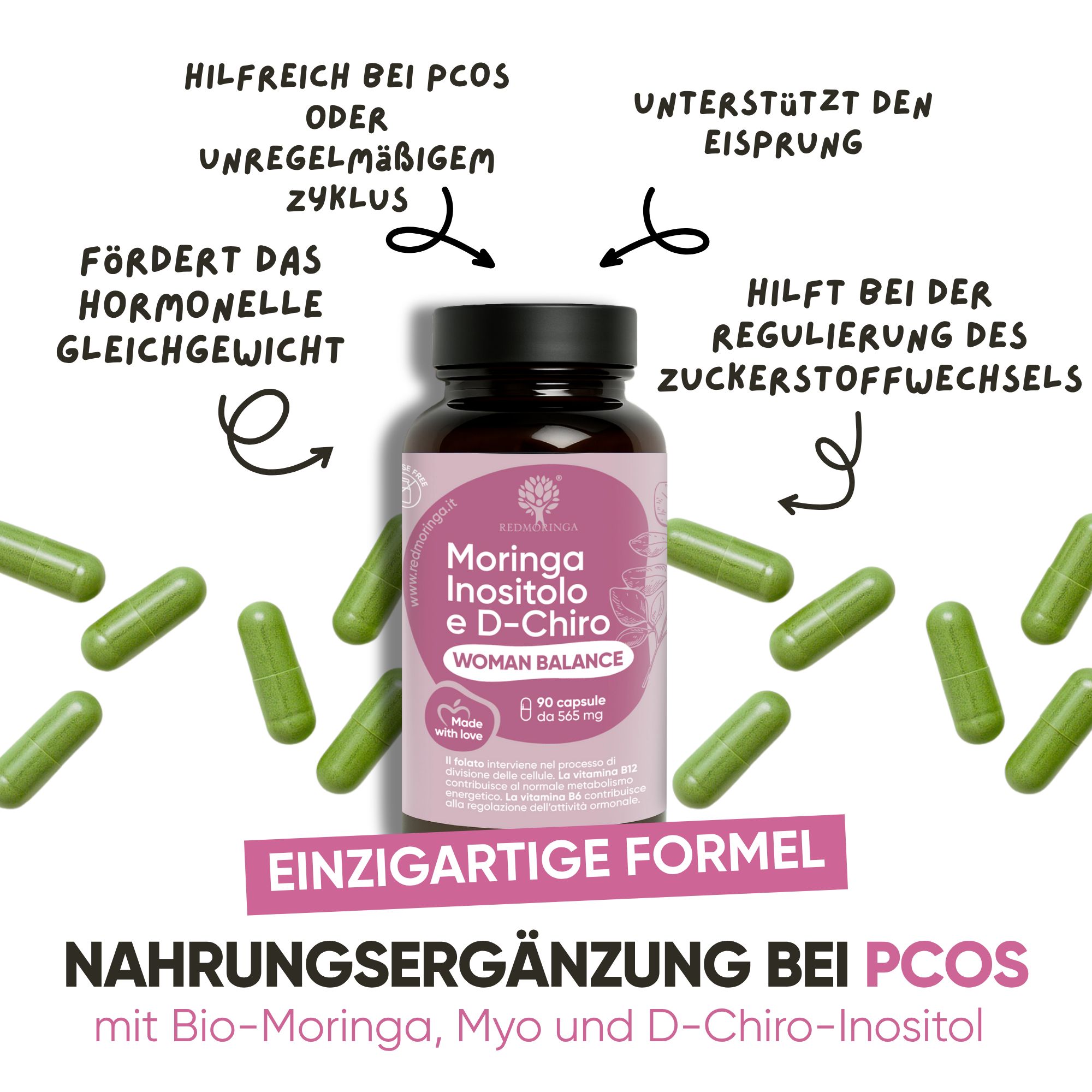 Flasche mit Kapseln, umgeben von grünen Kapseln. Unterstützt Eisprung und Zuckerstoffwechsel.