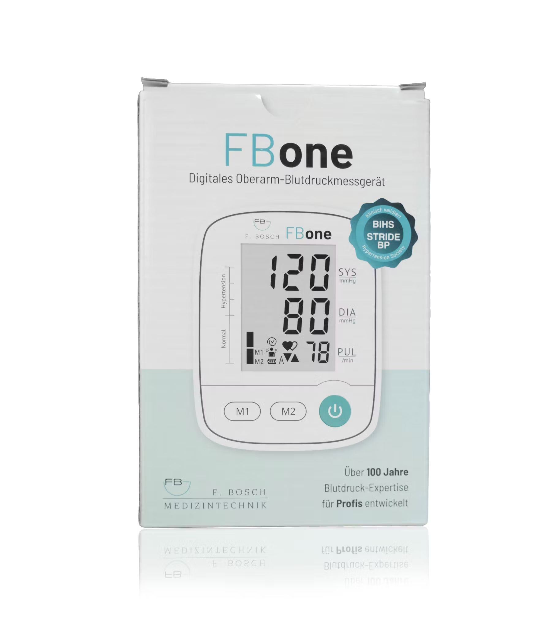 FBone Oberarm-Blutdruckmessgerät auf Verpackung. Zeigt Messwerte und BH-Stripe-Siegel.