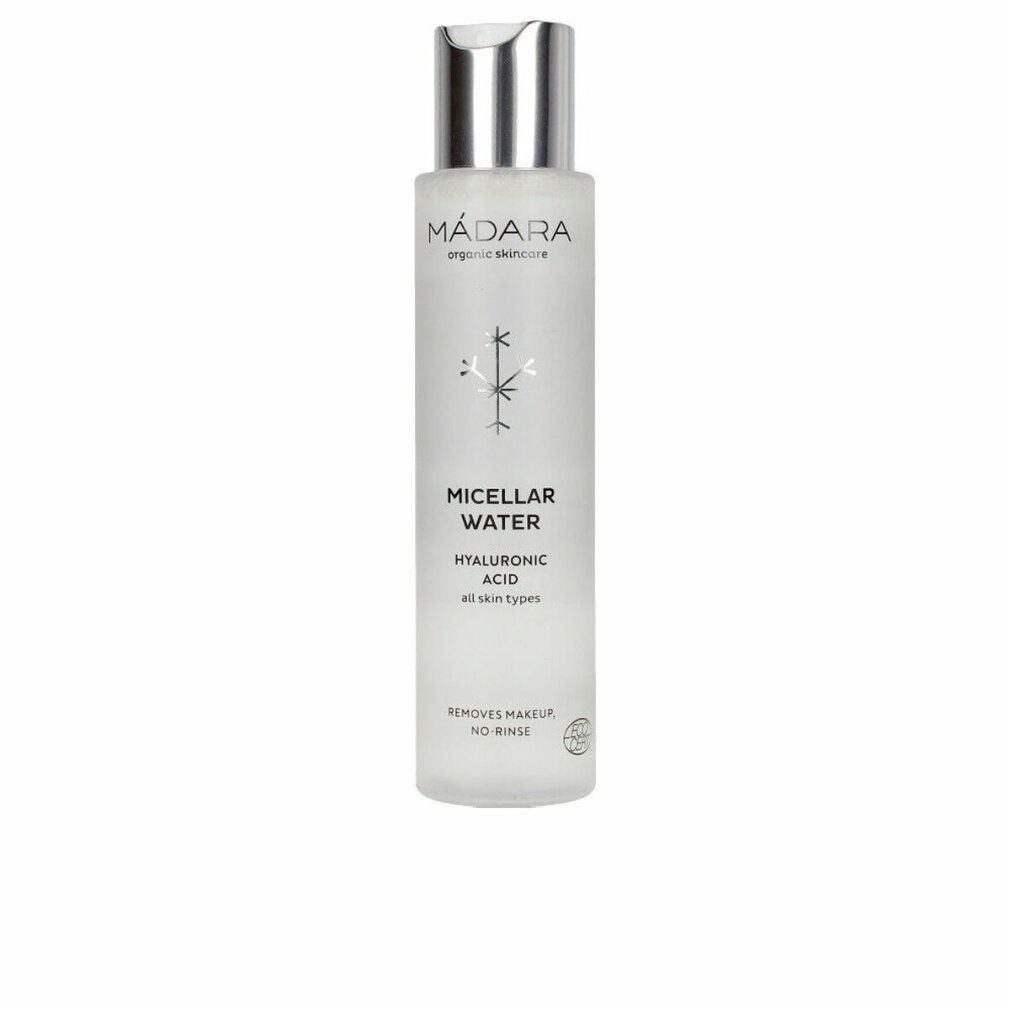 Zylindrische Flasche mit silbernem Deckel. Aufschrift: MÁDARA, Micellar Water, Hyaluronsäure, alle Hauttypen. Kosmetik.