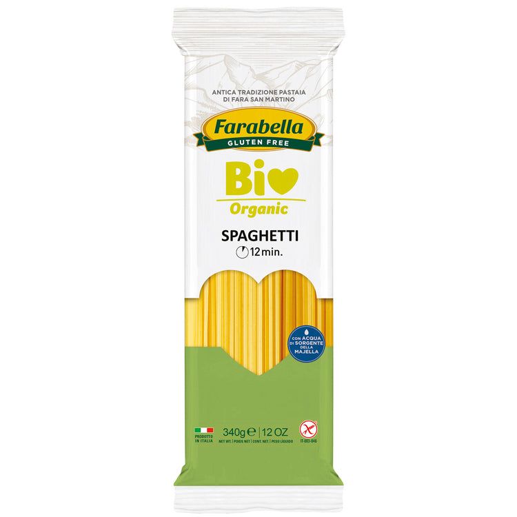 Verpackung mit Spaghetti. Aufschrift: Farabella Gluten Free, Bio, Spaghetti, 12 min. 340g.