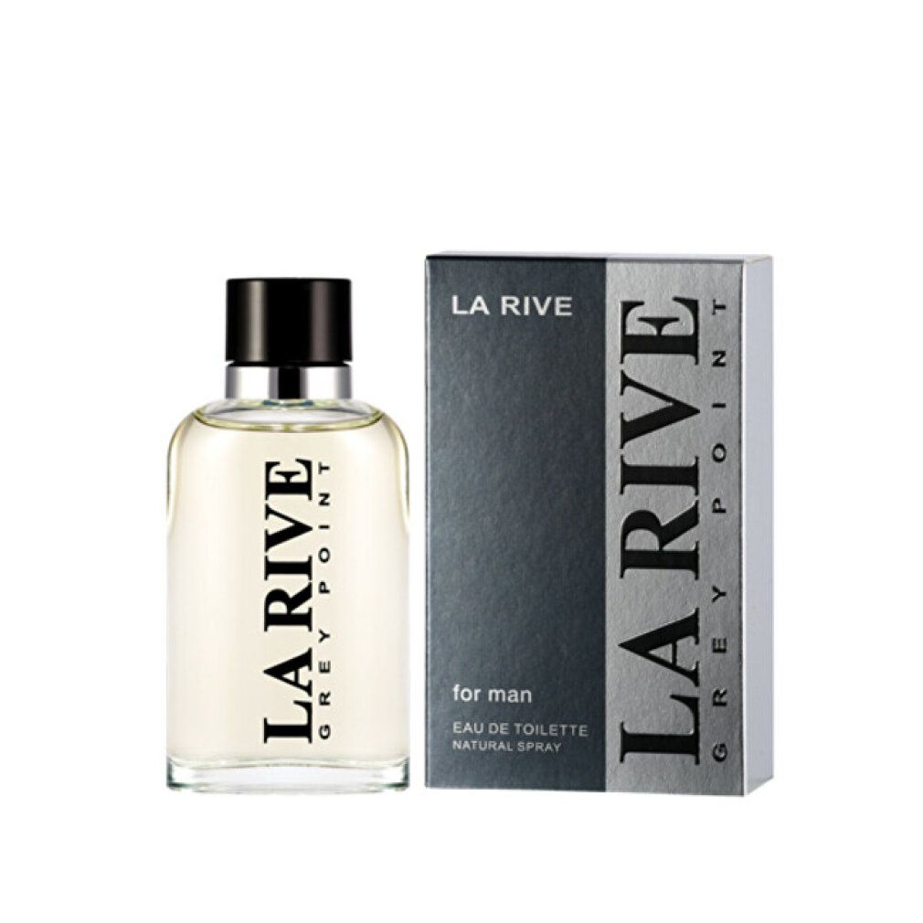 Flakon und Schachtel. Flakon mit schwarzem Verschluss. Aufschrift: LA RIVE GREY POINT. Schachtel mit Text: FOR MAN, EAU DE TOILETTE.