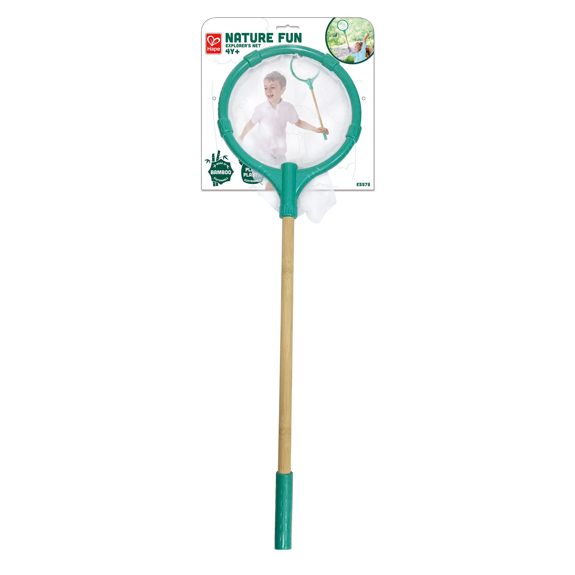 Hape Explorer Netz. Grüner Netzrahmen, Holzstiel, weißes Netz. Verpackung mit Produktabbildung und Logo.
