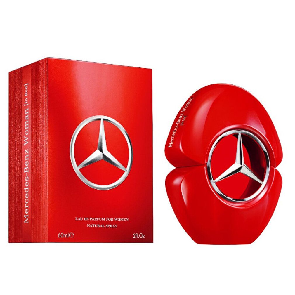 Roter Flakon mit silbernem Stern-Logo und roter Verpackung. Aufschrift: Mercedes-Benz Woman [In Red]. Eau de Parfum.