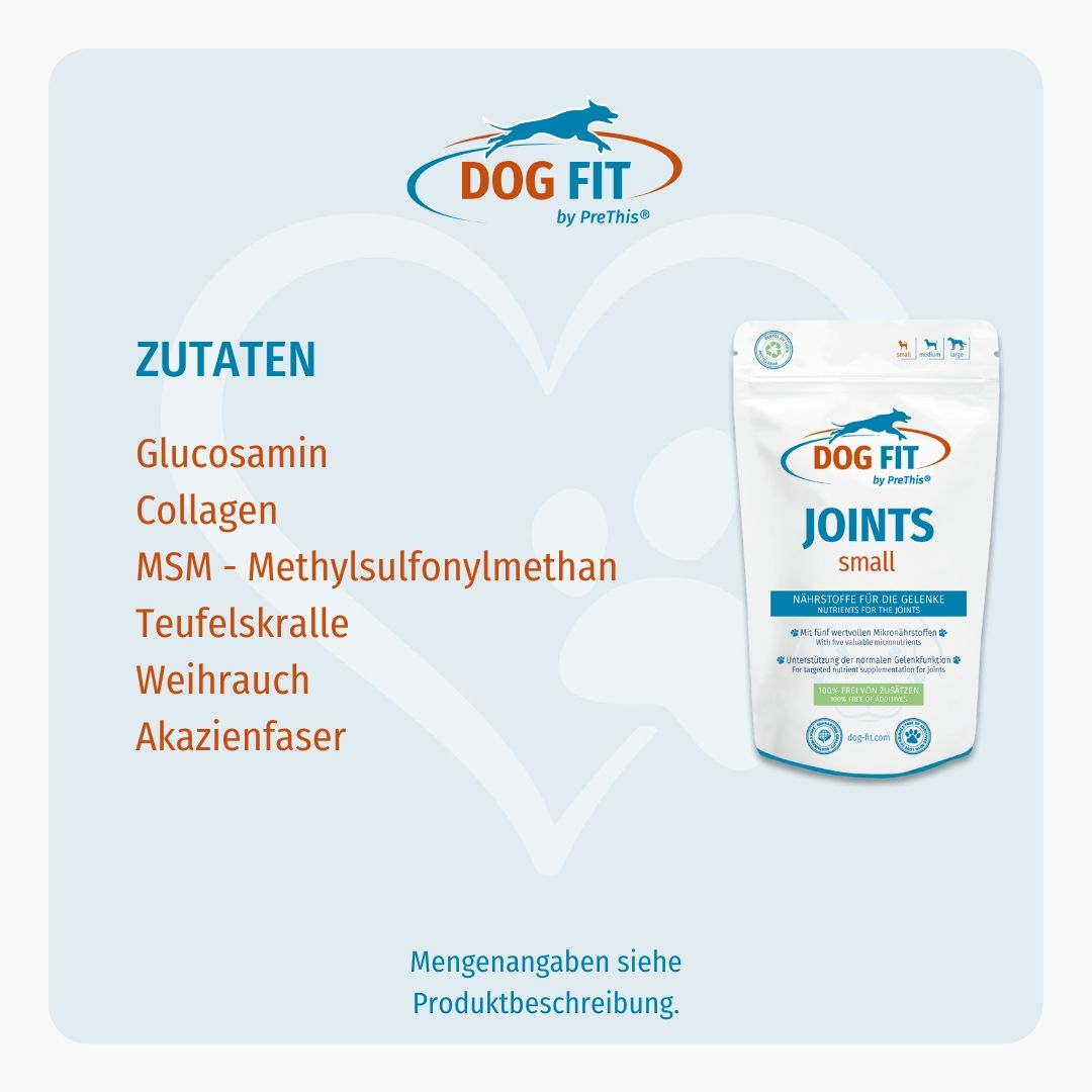 DOG FIT Logo. Text: ZUTATEN. Glucosamin, Collagen, MSM, Teufelskralle, Weihrauch, Akazienfaser. Produktbeutel: JOINTS small.
