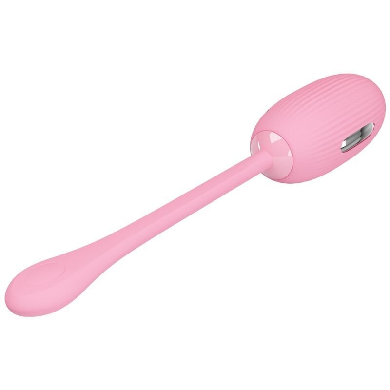 Rosa Ei mit geriffelter Oberfläche und Stiel. Am Stielende befindet sich ein Knopf.