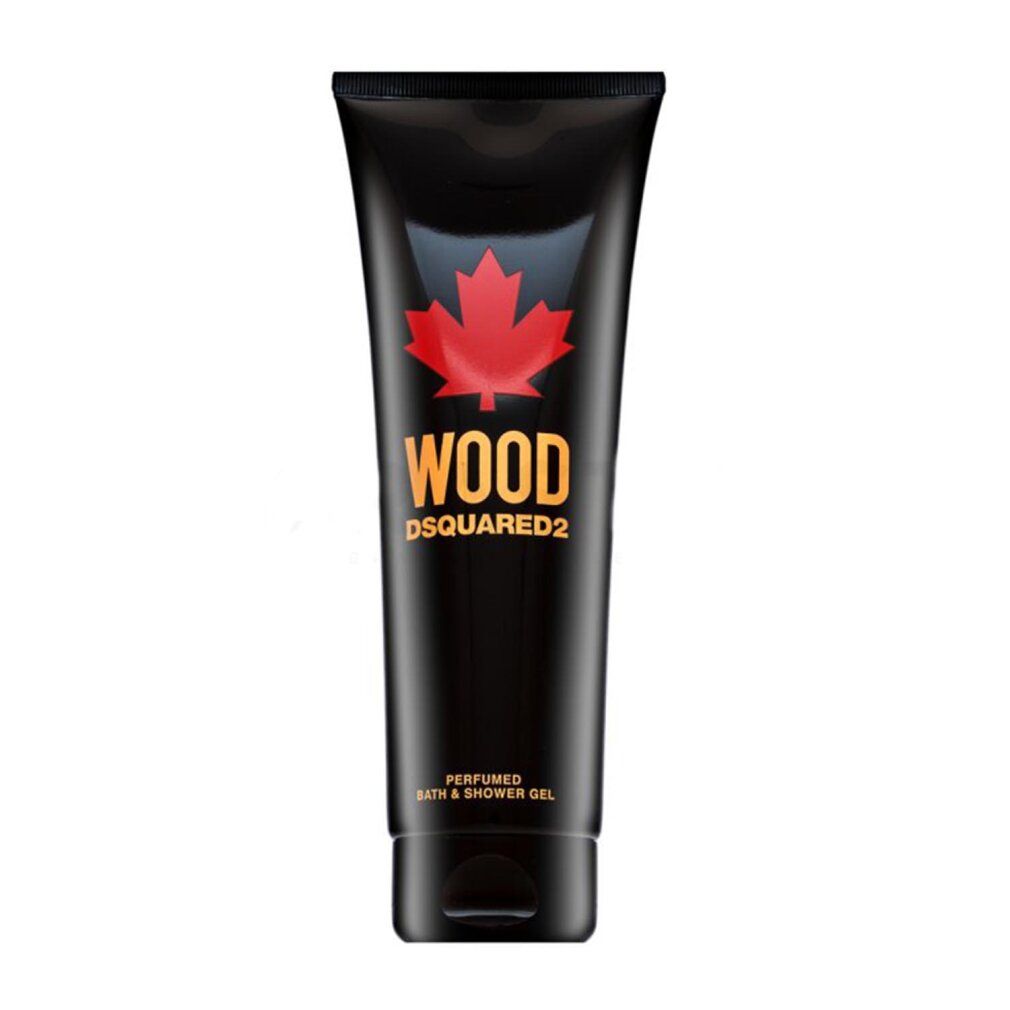 Dsquared2 Wood Duschgel Tube mit rotem Ahornblatt-Logo und goldener Schrift.