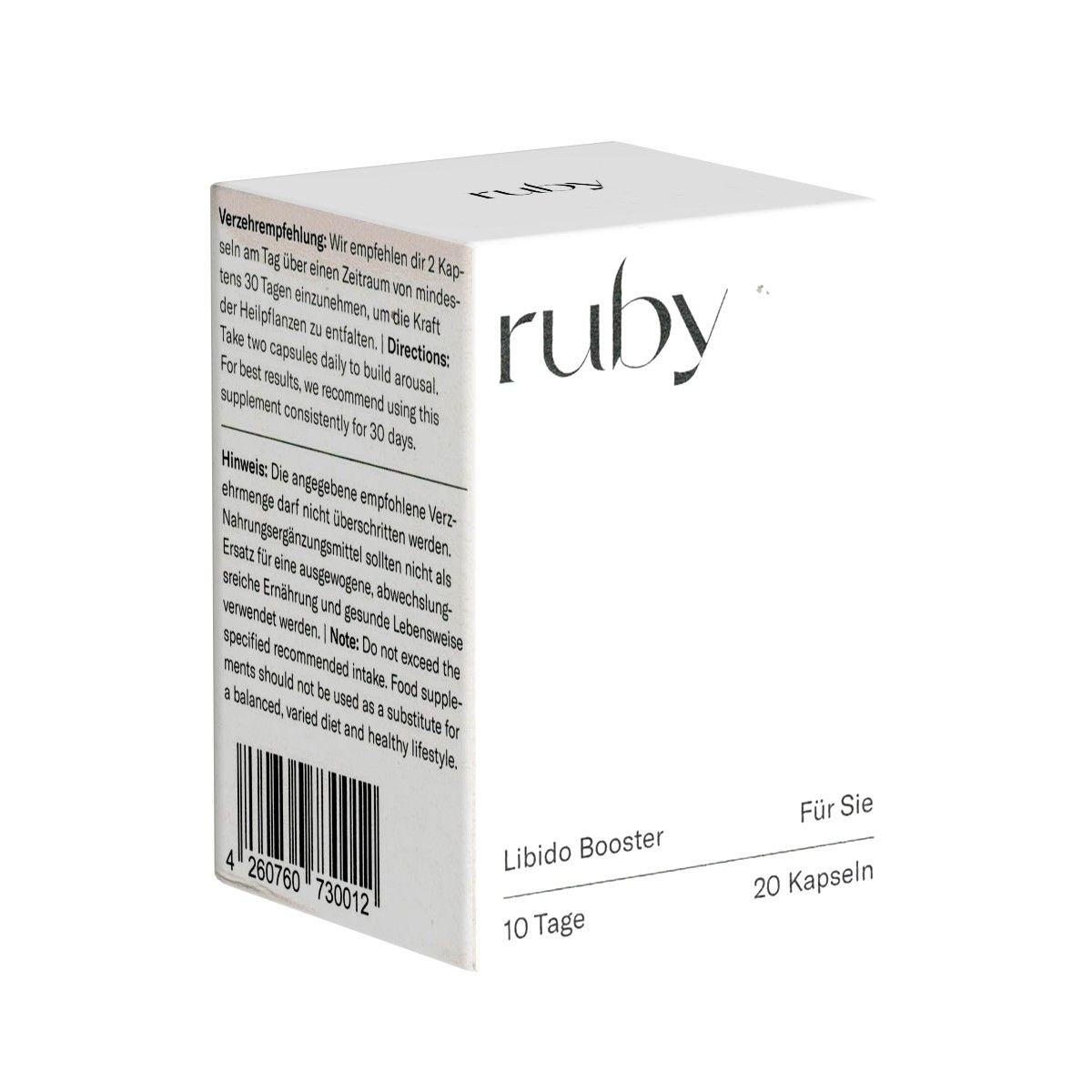 Weiße Schachtel mit „ruby“-Logo. Text: Libido Booster, 20 Kapseln, Für Sie. Barcode und Text auf der Seite.
