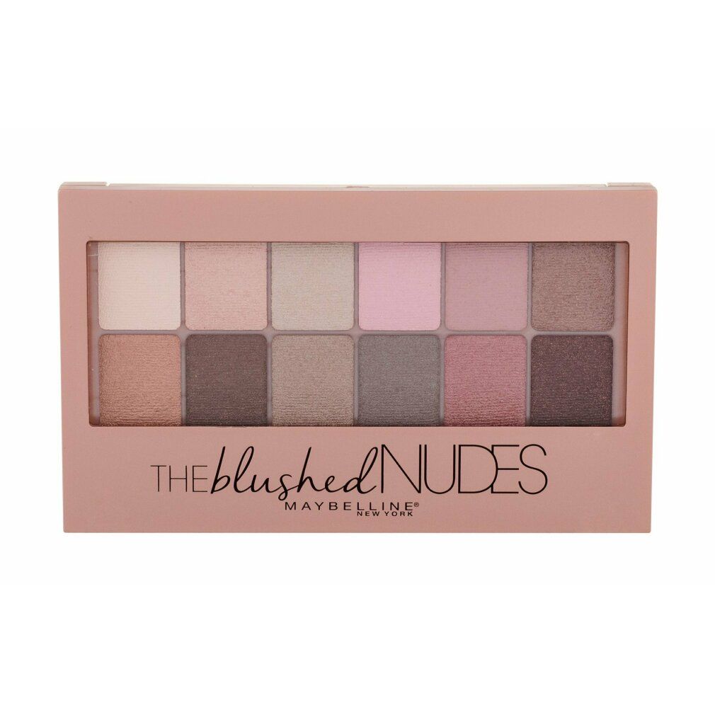 Lidschatten-Palette mit 12 Farbtönen. Rosa-goldene Verpackung. Aufschrift: THE blushed NUDES, MAYBELLINE NEW YORK.