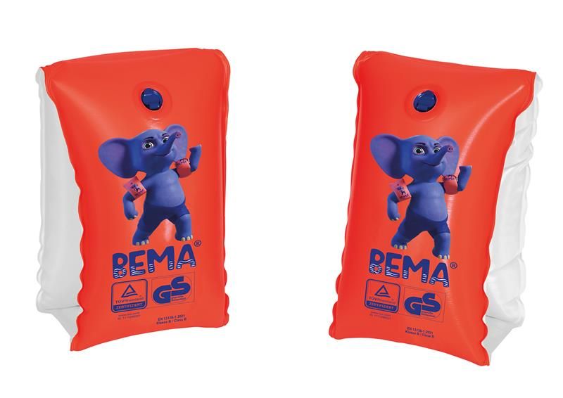 Zwei rote Schwimmflügel mit blauem Elefanten-Motiv und dem Schriftzug "BEMA". Mit GS-Zeichen.