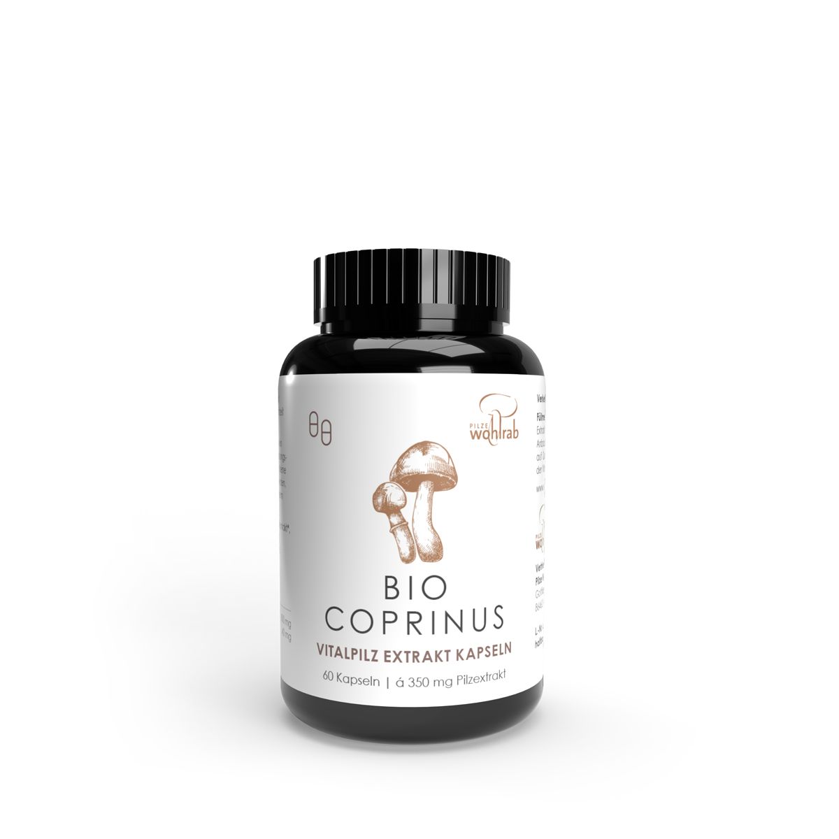 Schwarze Dose mit Vitalpilz Extrakt Kapseln (Bio Coprinus), 60 Kapseln, daneben einige Pilze.