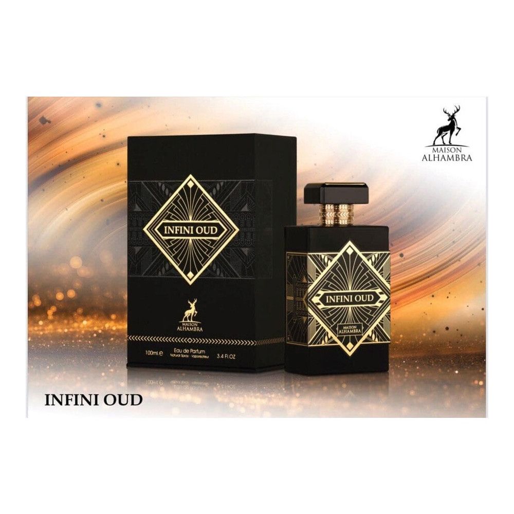 Schwarze Parfumflasche und -verpackung mit goldenen Details. Aufschrift "INFINI OUD" und "MAISON ALHAMBRA".