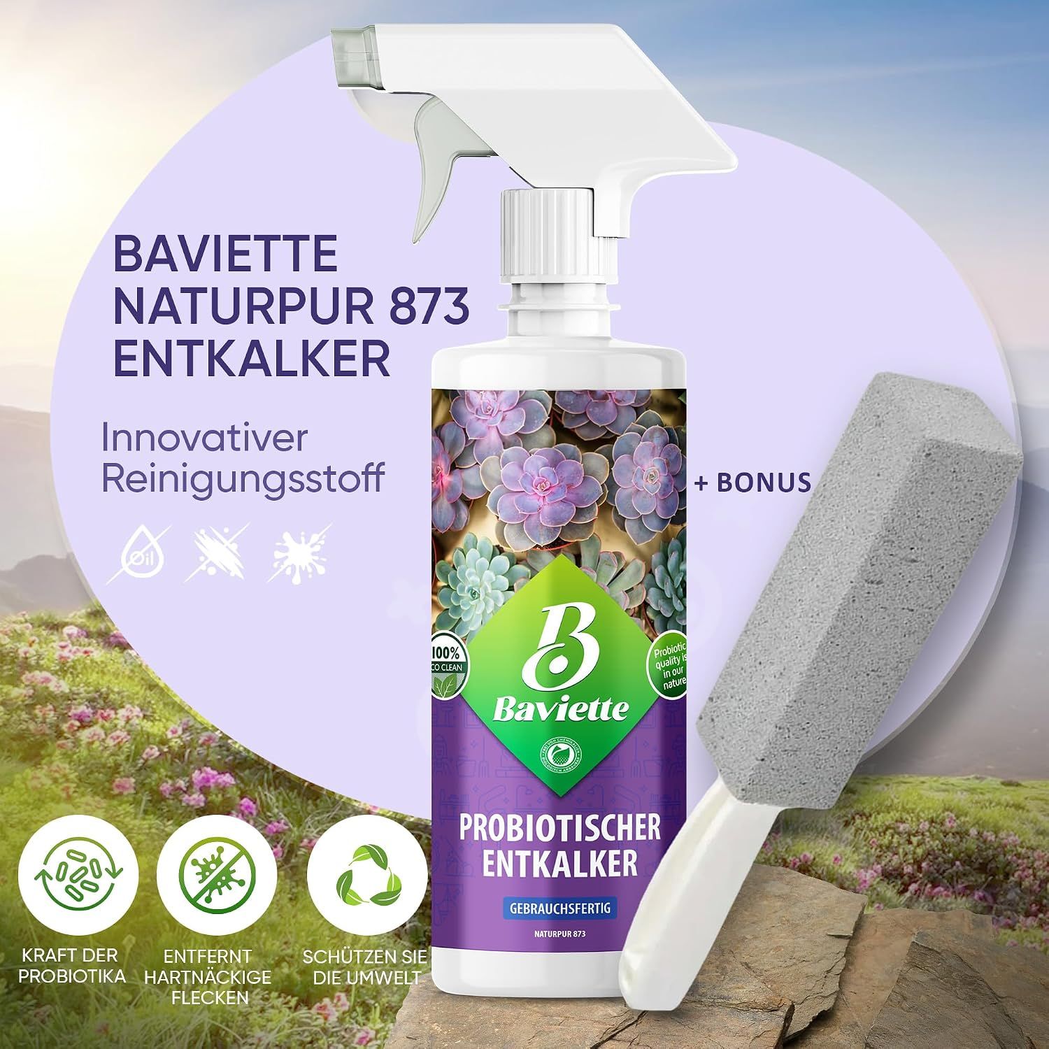 Baviette Probiotischer Bad-Kalkentferner Spray inkl. Bimsstein
