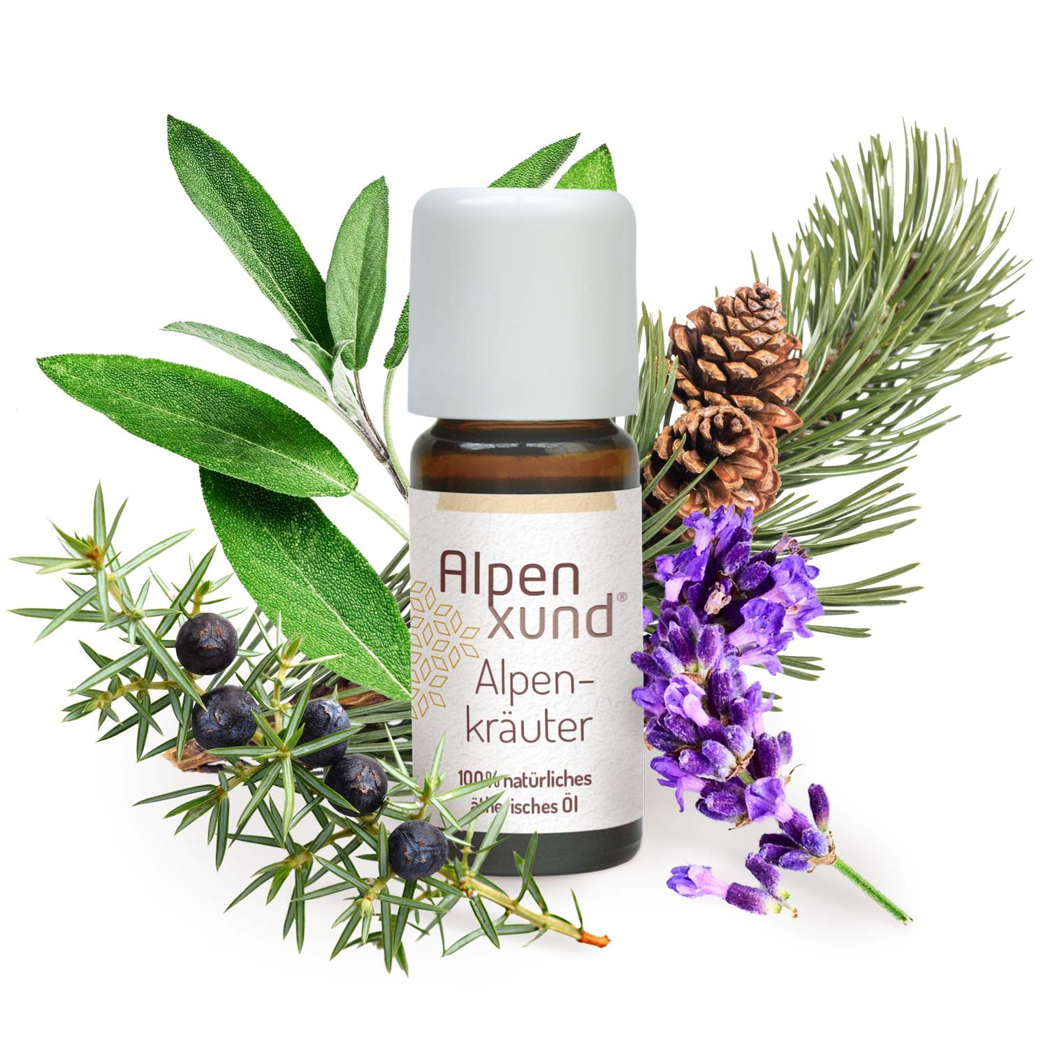 Braune Glasflasche mit weißem Deckel, umgeben von Kräutern und Blüten. Beschriftung: Alpenxund Alpenkräuter 100% natürliches ätherisches Öl.