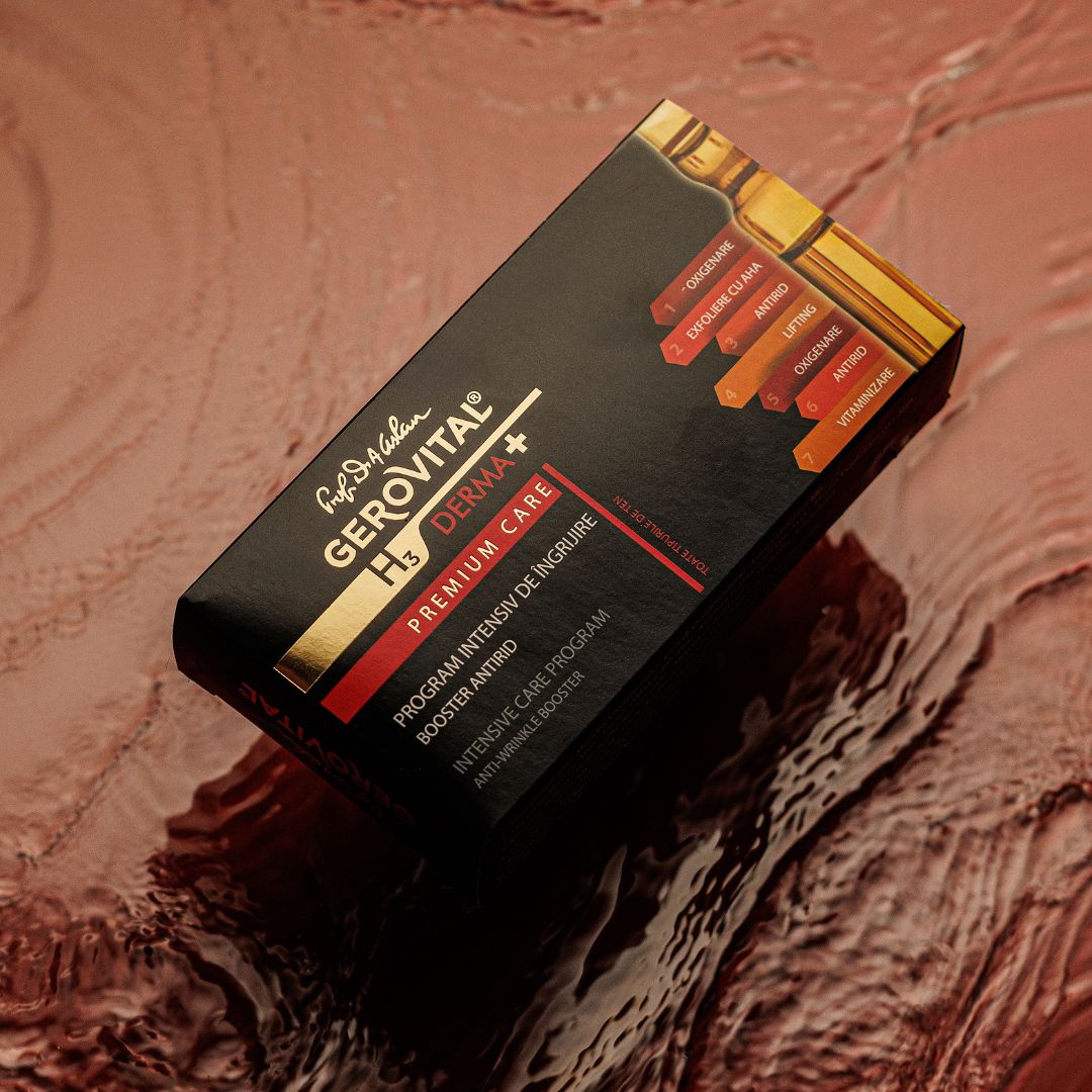 Schwarze Schachtel mit Produktnamen und Logo Gerovital. Roter Streifen und goldene Akzente. Produktname sichtbar.