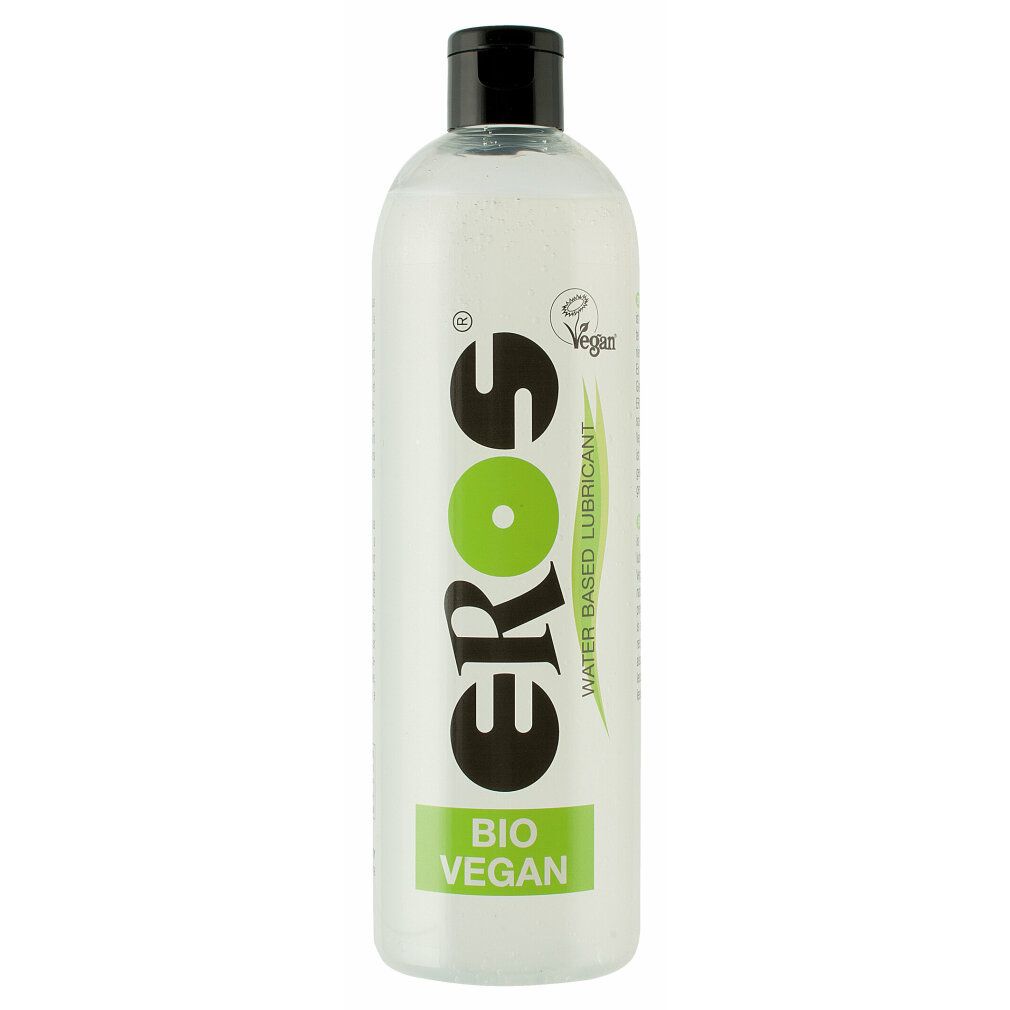 Flasche mit schwarzem Deckel. Aufschrift: EROS, BIO VEGAN, Wasserbasiertes Gleitmittel. Vegan-Siegel.