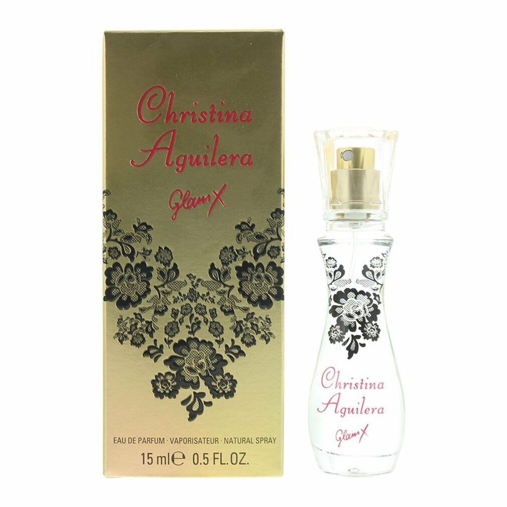 Parfümflakon und goldfarbene Verpackung. Aufschrift: Christina Aguilera Glam X. Schwarzes Blumenmuster. 15 ml.