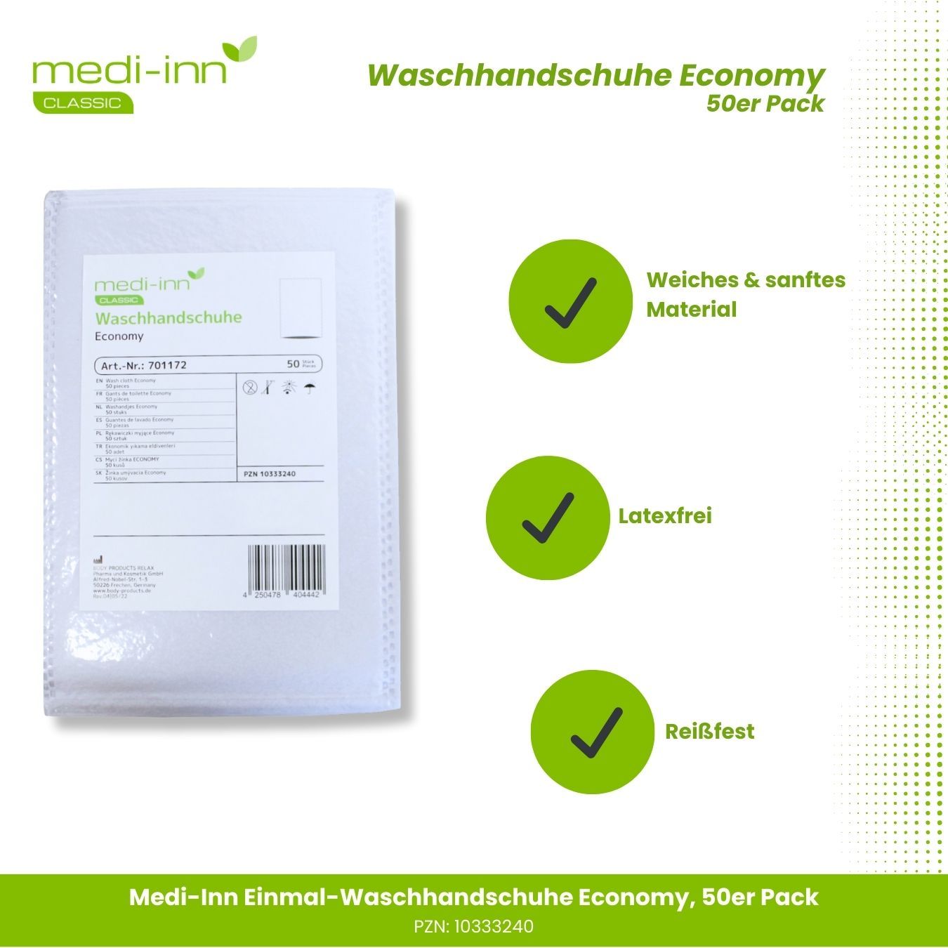Verpackung von Medi-Inn Waschhandschuhe Economy. 50er Pack. Weiches Material, latexfrei, reißfest. Grüne Häkchen.
