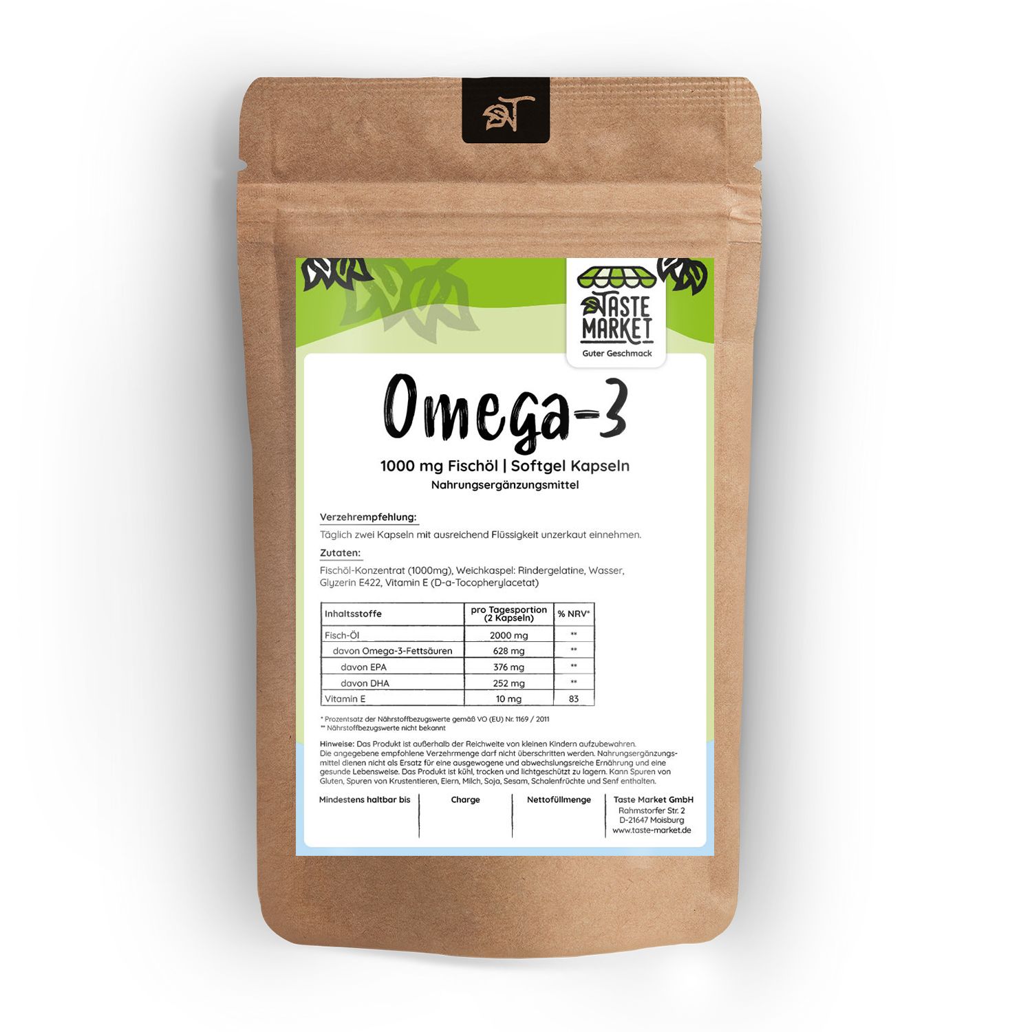 Braune Tüte mit Omega-3 Kapseln. Aufschrift: Taste Market, Omega-3, 1000 mg Fischöl | Softgel Kapseln. Nährwertangaben auf der Rückseite.