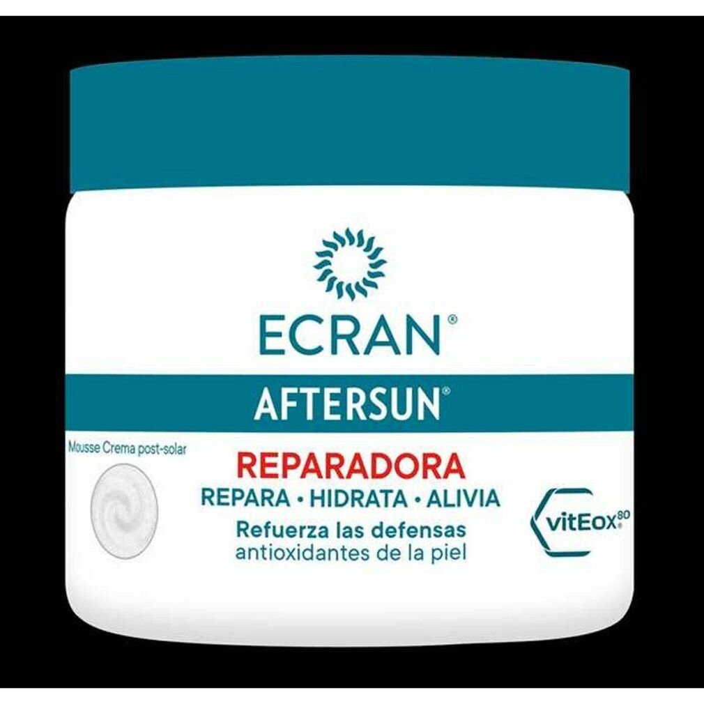 Weißer Tiegel mit blauem Deckel. Aufschrift: ECRAN AFTERSUN REPARADORA. Spanischer Text. Logo: viteEox.