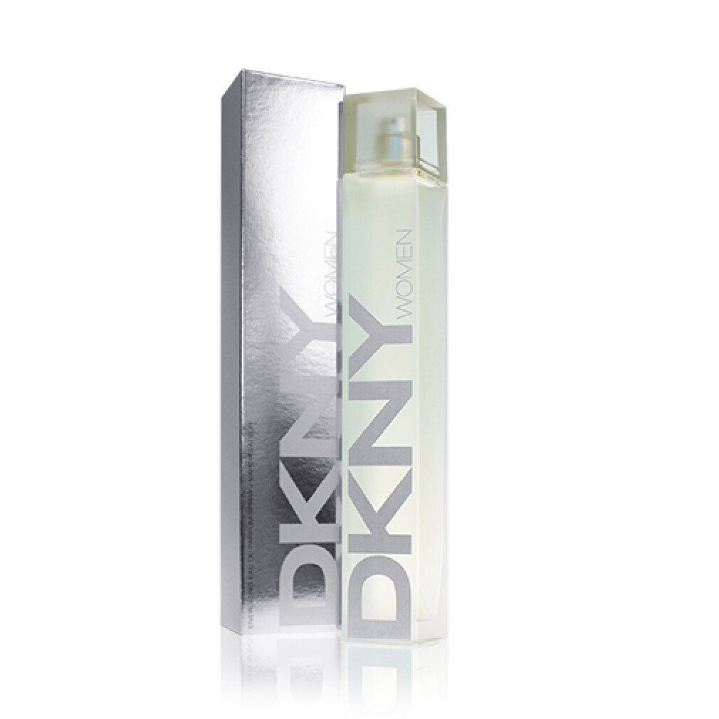 DKNY Woman Flakon und Verpackung. Rechteckige Form, silberne Verpackung, DKNY Schriftzug.