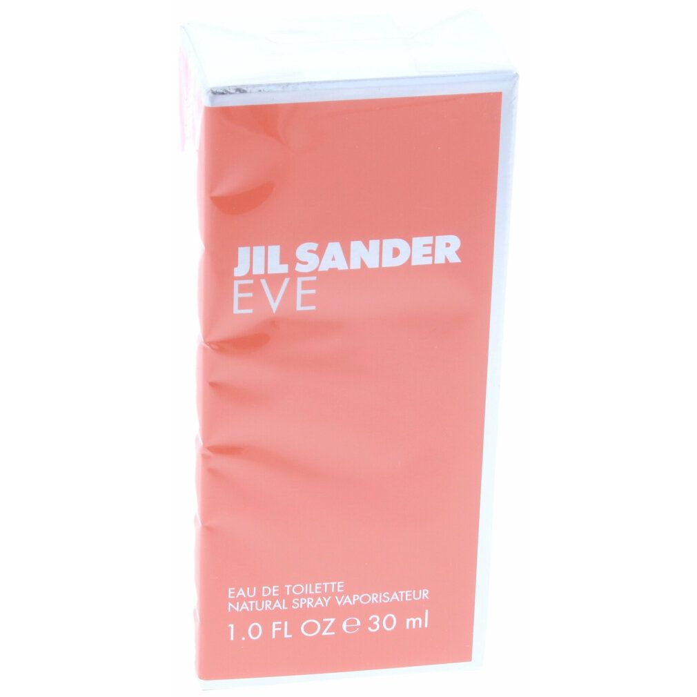 Verpackung von Jil Sander Eve. Rechteckige, orangefarbene Schachtel mit weißer Aufschrift. In Folie verpackt.