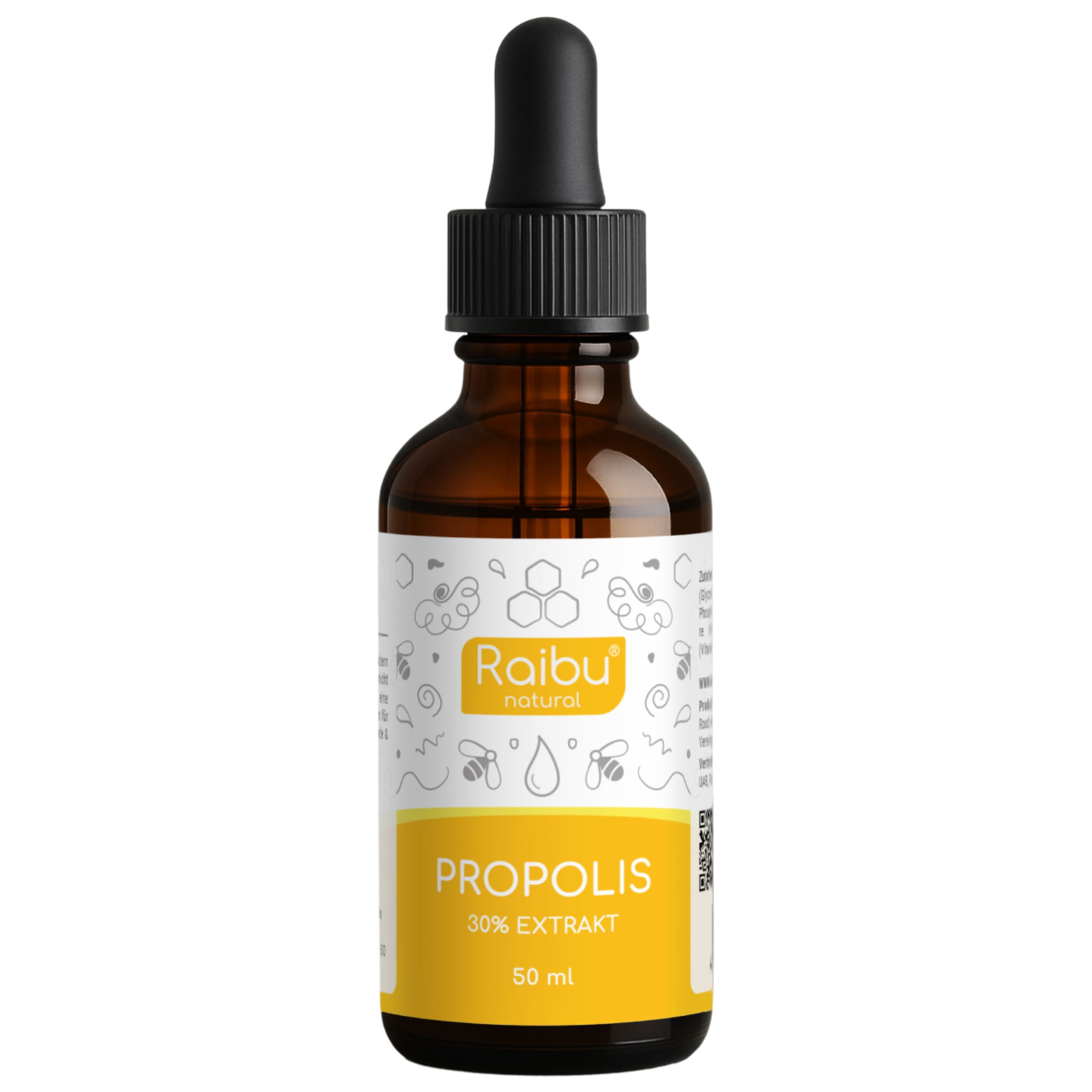 Braune Glasflasche mit Tropfer. Etikett mit "Raibu natural" und "PROPOLIS 30% EXTRAKT". Gelber Hintergrund, 50 ml.