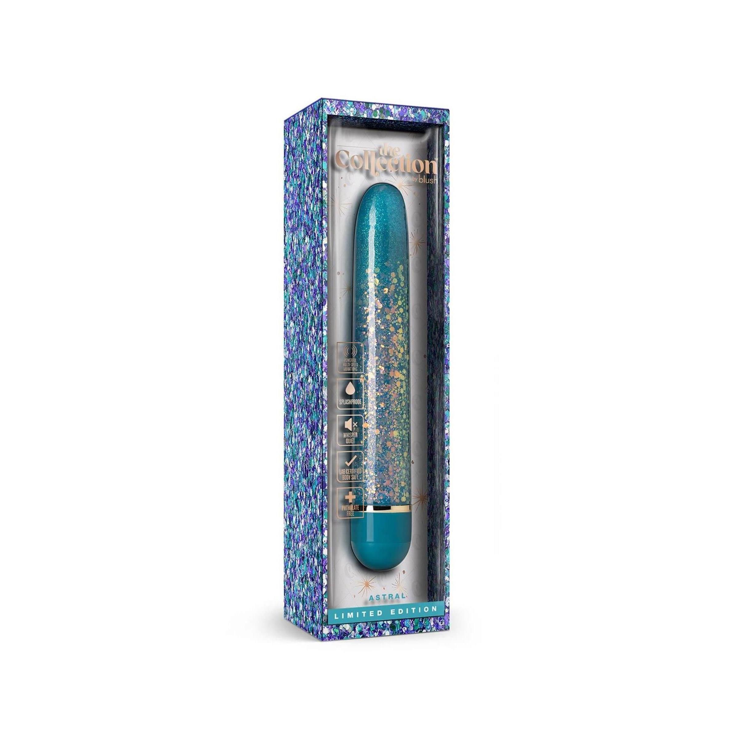 Türkises Wellness-Produkt mit Glitzer in einer rechteckigen Verpackung. Aufschrift 'THE COLLECTION ASTRAL' und 'LIMITED EDITION'.