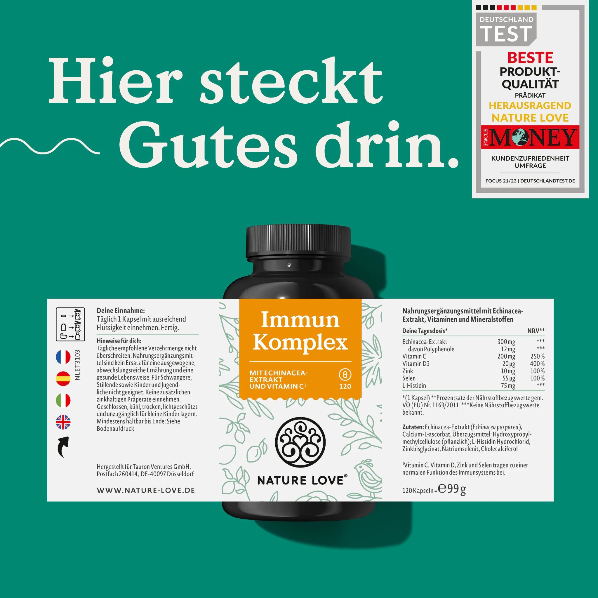 Flasche "Immun Komplex" mit Etikett. Text: "Hier steckt Gutes drin." Qualitätszertifikat. "NATURE LOVE"-Logo.