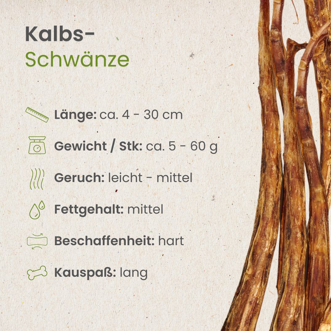 Detaillierte Informationen zu Kalbsschwänzen als Hundekauartikel: Länge, Gewicht, Beschaffenheit.